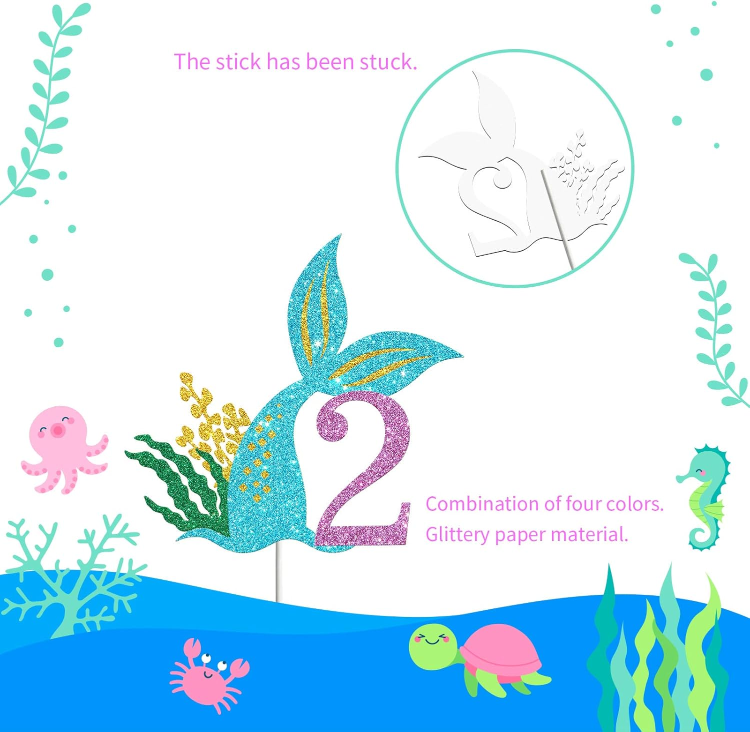 Mermaid Two Cake Topper, Happy 2Nd Birthday Cake Decor, I'M Two Sign, Little Mermaid Birthday Party Decoration Supplies, Daughter of the Sea, under the Sea Themed, Ocean Themed - Glitter image number 2