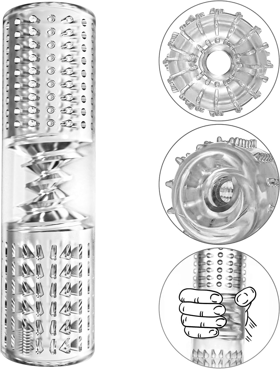 Male Masturbators, Portable Transparent Pocket Pussy Stroker Trainer Open Ended Realistic Spiral Textured Blowjob Sex Toys Penis TPE Masturbation Sleeve for Men Masturbator Adult Sex Toys