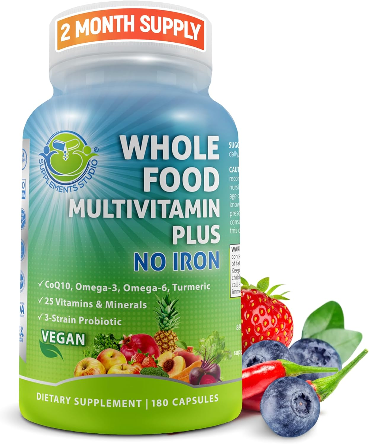 Whole Food Multivitamin plus No Iron, Daily Vegan Multivitamin for Men and Women, Organic Fruits & Vegetables, B-Complex, Probiotics, Enzymes, Coq10, Omegas, Turmeric, All Natural, Non-Gmo, 180 Count image number 6
