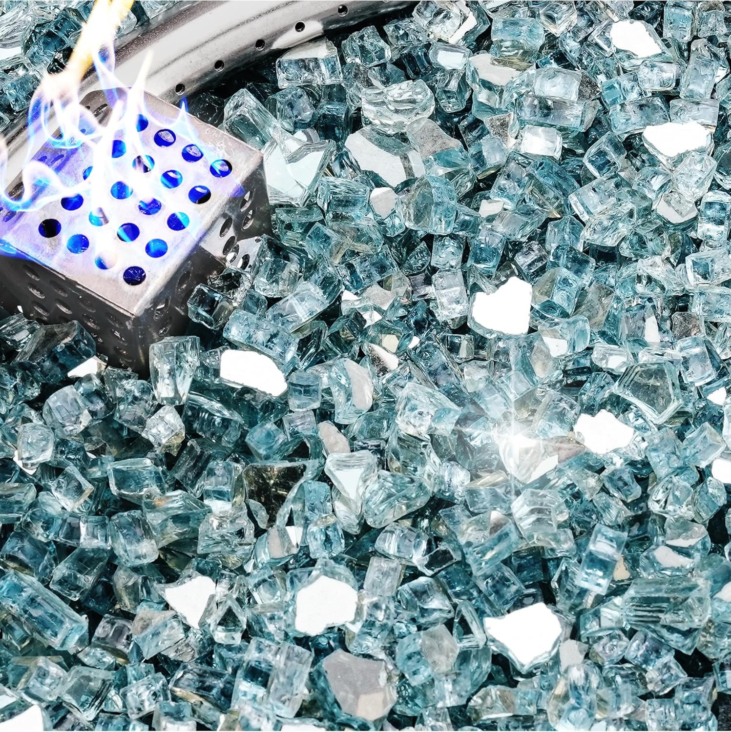 NUPICK 5 Pound Fire Glass, 1/4 Inch Reflective Fire Pit Glass, Tempered Firepit Glass Rock for Propane or Natural Gas, Glass Rocks for Fire Pit Table, Fireplace Glass for Landscaping, Aqua Blue image number 6