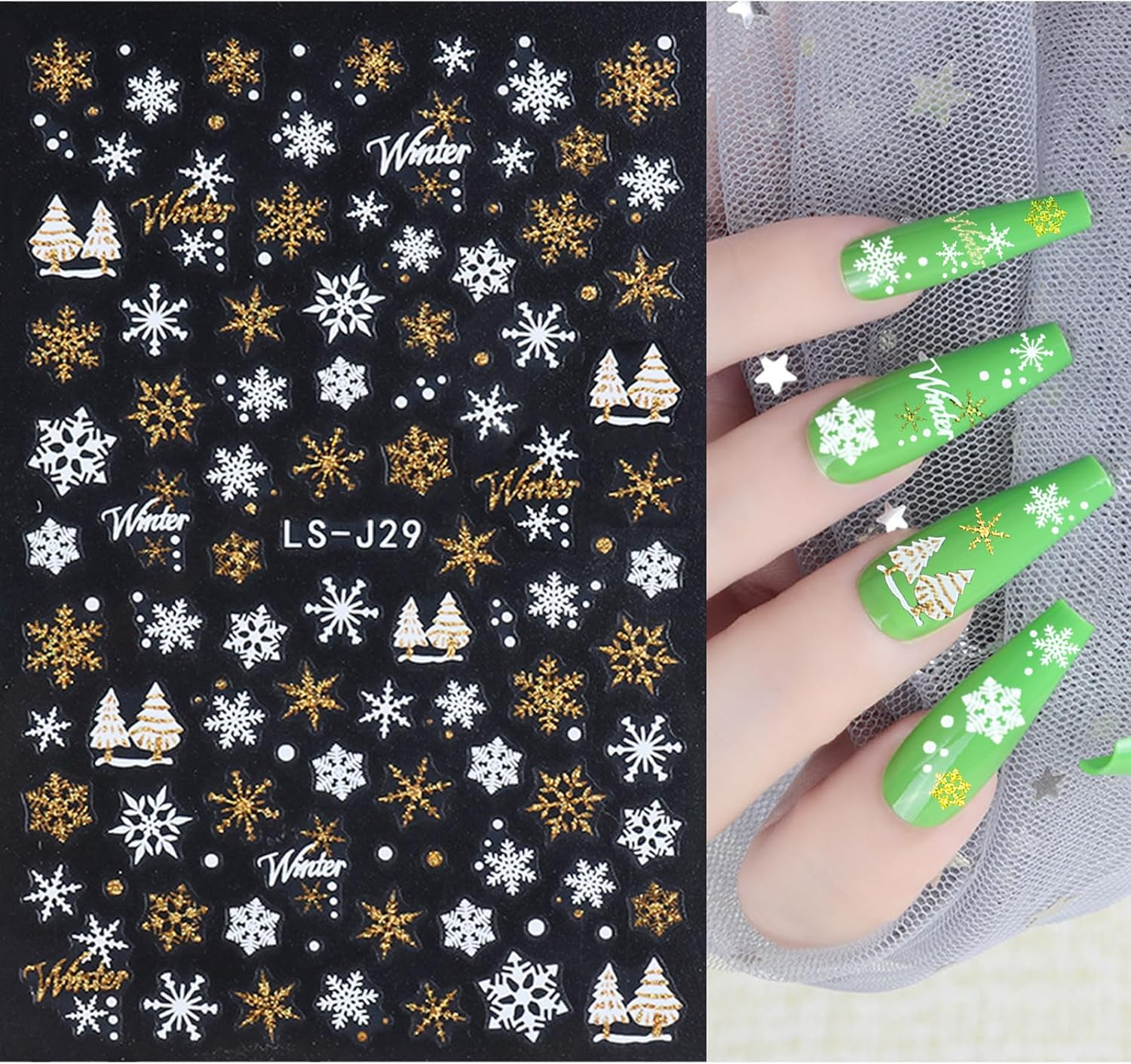 Nail Stickers Christmas Snowflakes 6 Sheets Nail Art Stickers Self-Adhesive Nail Stickers and 1 Tweezers Winter Elk Snowflake Gold Silver Glitter Decoration Stickers Nail Design Accessories Set E - Set F image number 3