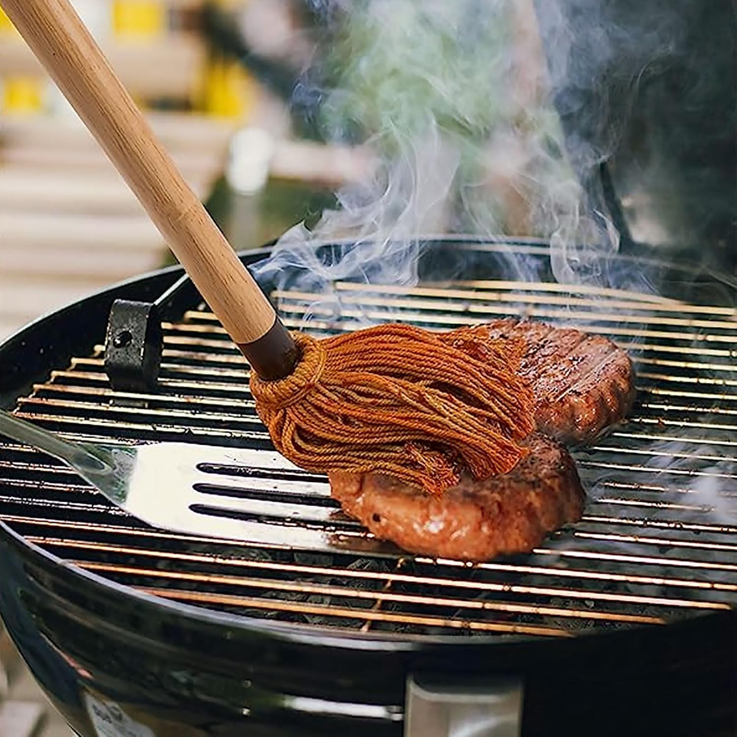 Grill Basting Mop with 4 Cotton Fibers Replacement Heads Barbecue Basting Brushes Wooden Long Handle Reusable Dishwasher Safe Basting Brush for BBQ Sauce Smoking Steak 18.3&times;5.3In