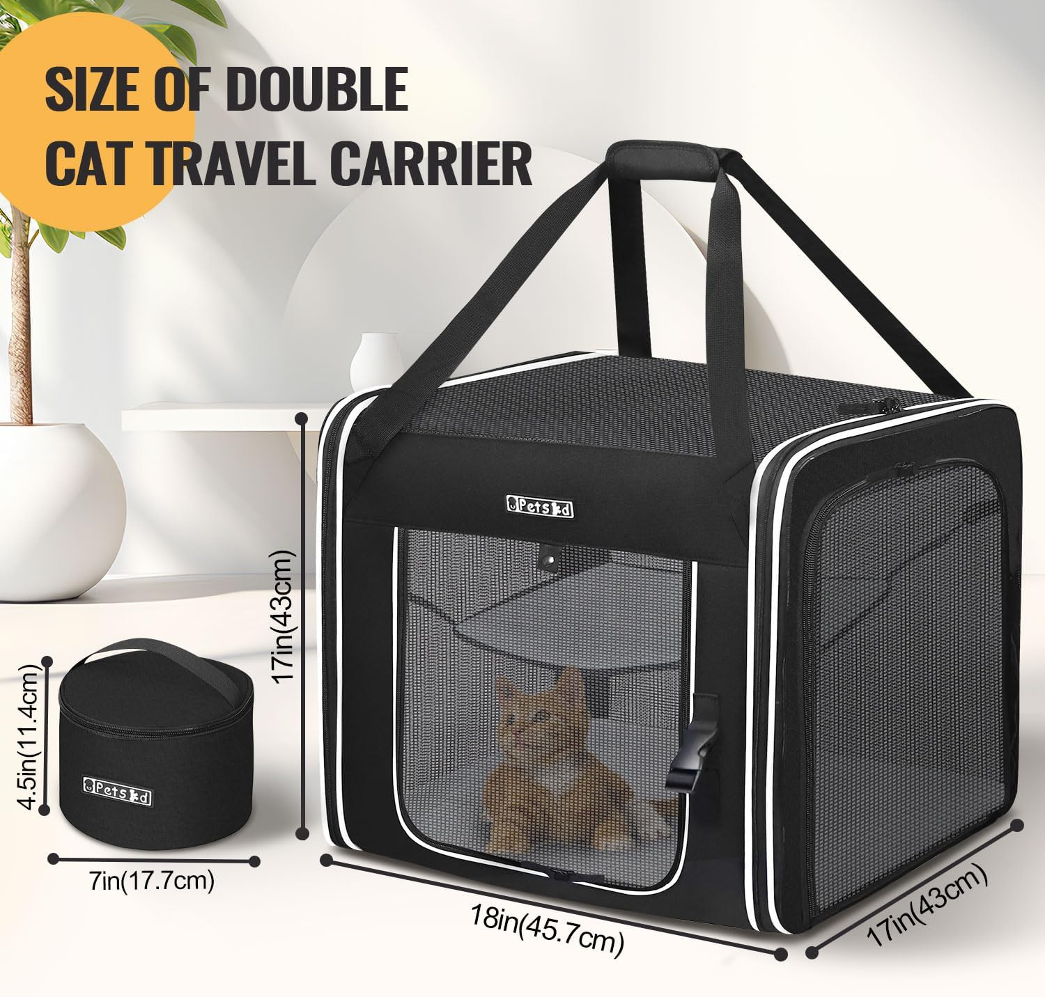 Petskd Combinable Pet Carrier for Large Cat or Medium Dog, 18"X17"X17" Large Cat Carrier for Car Travel, 2 Small Pet Soft Carriers with Food Bag, Bowl and Safety Locking Zippers for Vet, Camping