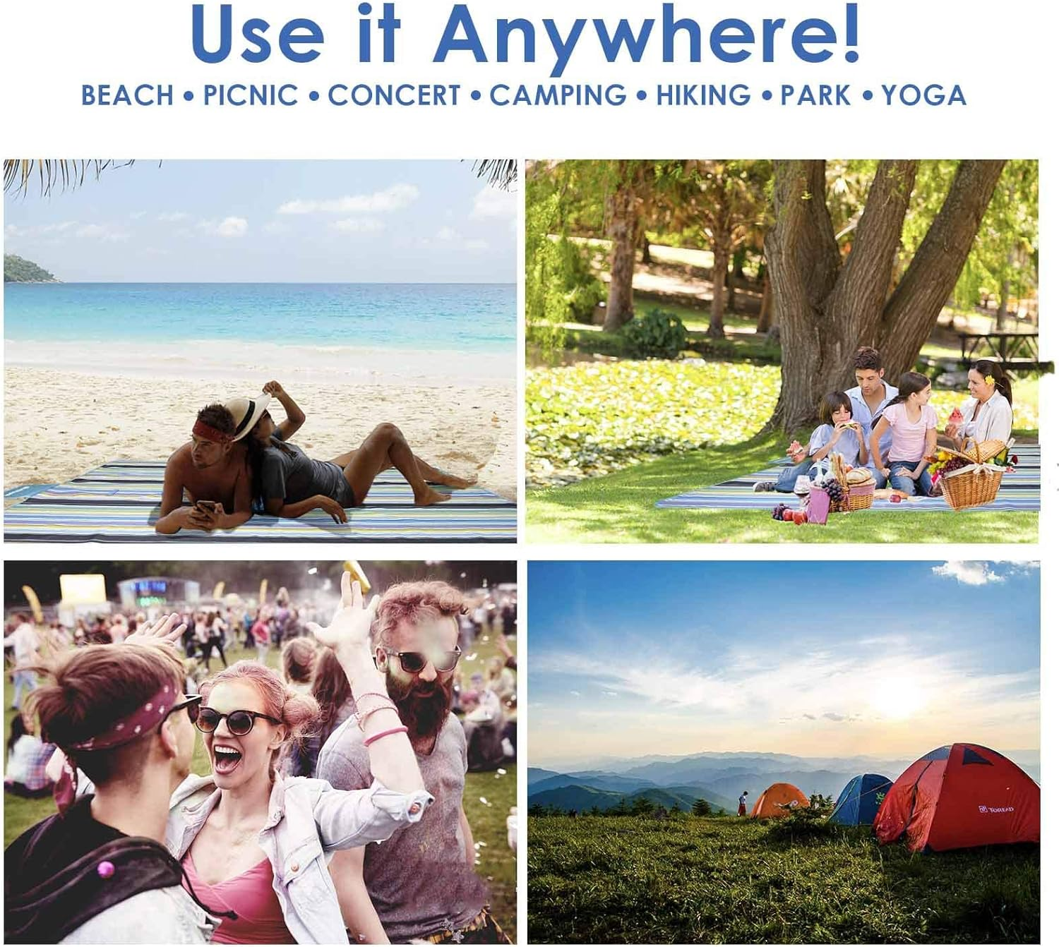 Picnic Blanket Outdoor Picnic Mat Camping Mat Beach Blanket Portable Tersely Mat 79"X57" Extra Large Foldable Waterproof Sandproof Rug for Beach, Camping, Park, BBQ and Music Festivals (Blue Stripe) image number 4