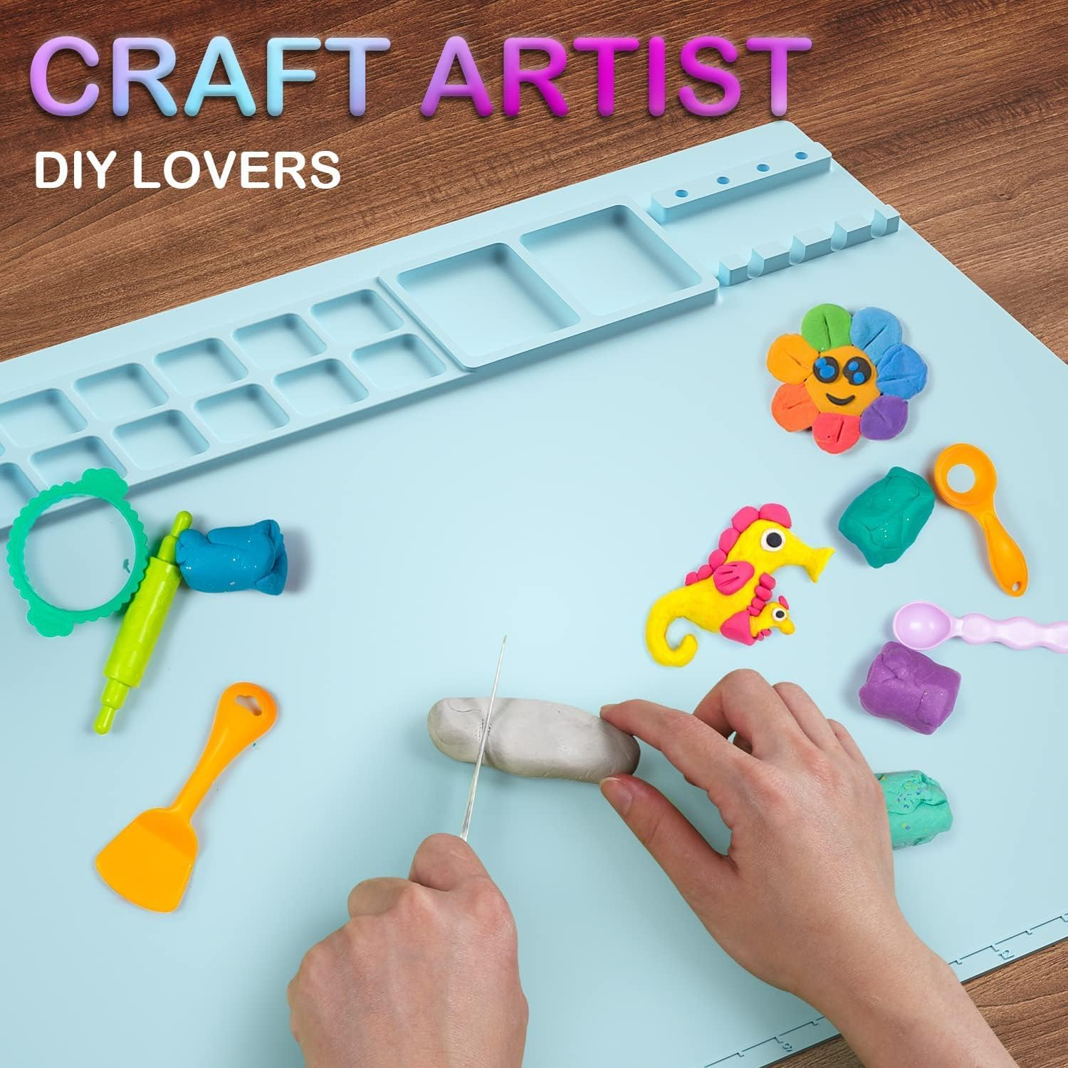 Silicone Craft Mat, 20&times;16 Inches Silicone Painting Mat with Water Cup and Paint Holder, Silicone Artist Mats for Crafts, Painting, Art, Clay, Silicone Sheets Creater Mat for DIY Projects (Blue)