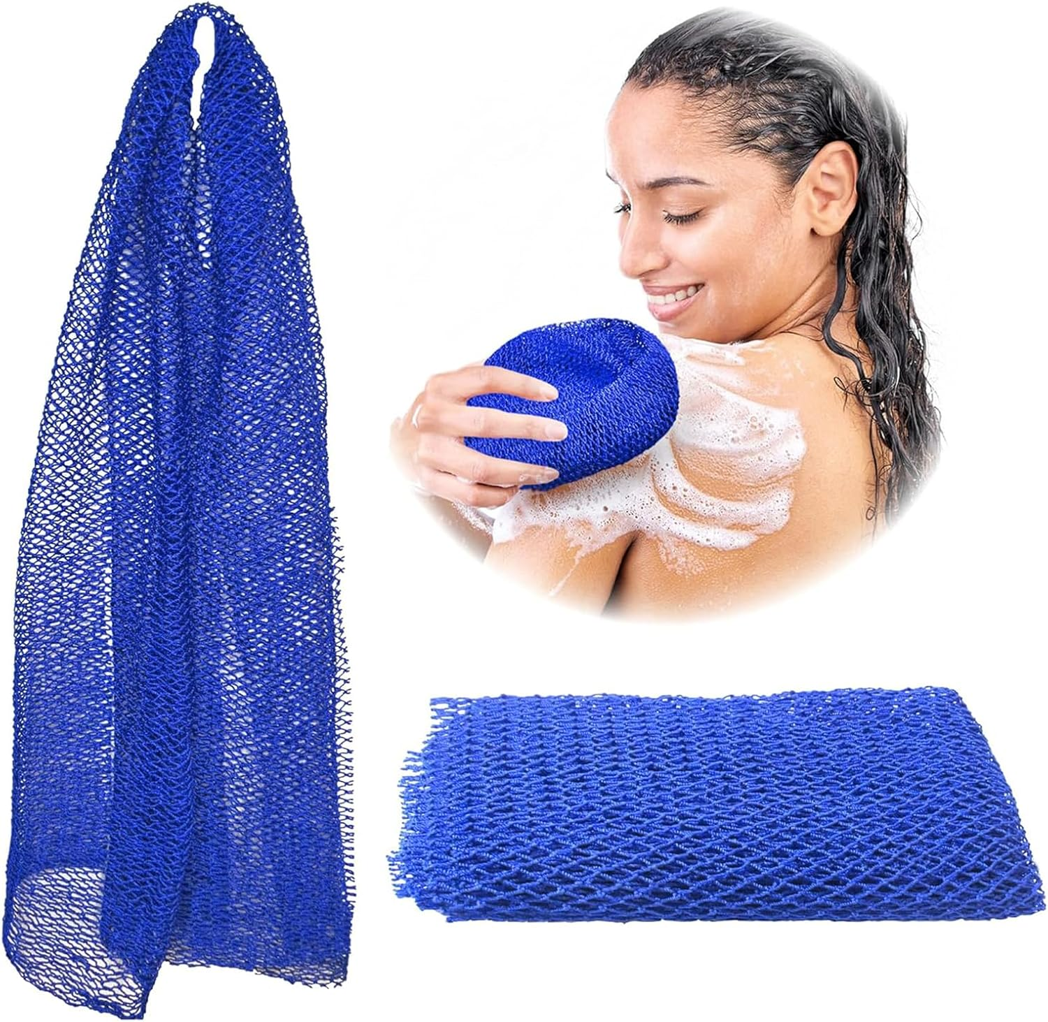 Yeanifeana 2 Pack African Net Sponge, Authentic Exfoliating Body Scrubber for Back, Foot & Scalp, Stretchable Durable Bath Sponge Shower Accessory (Blue)
