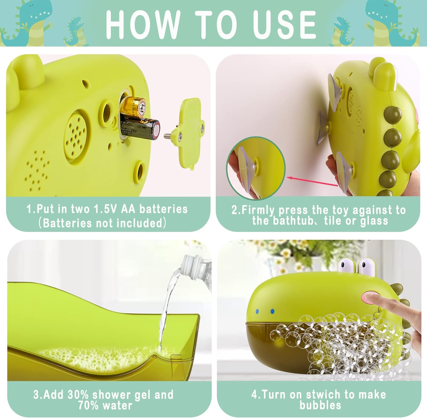 Bath Toys for Toddlers,Bathtub Bubble Maker Toy Green Dinosaur,Tub 1000 Bubbles Makes Machine Blower Cute for Baby Kids Bathtime Shower with 12 Music Songs Fun Gift 3 4 5 Girl Boy