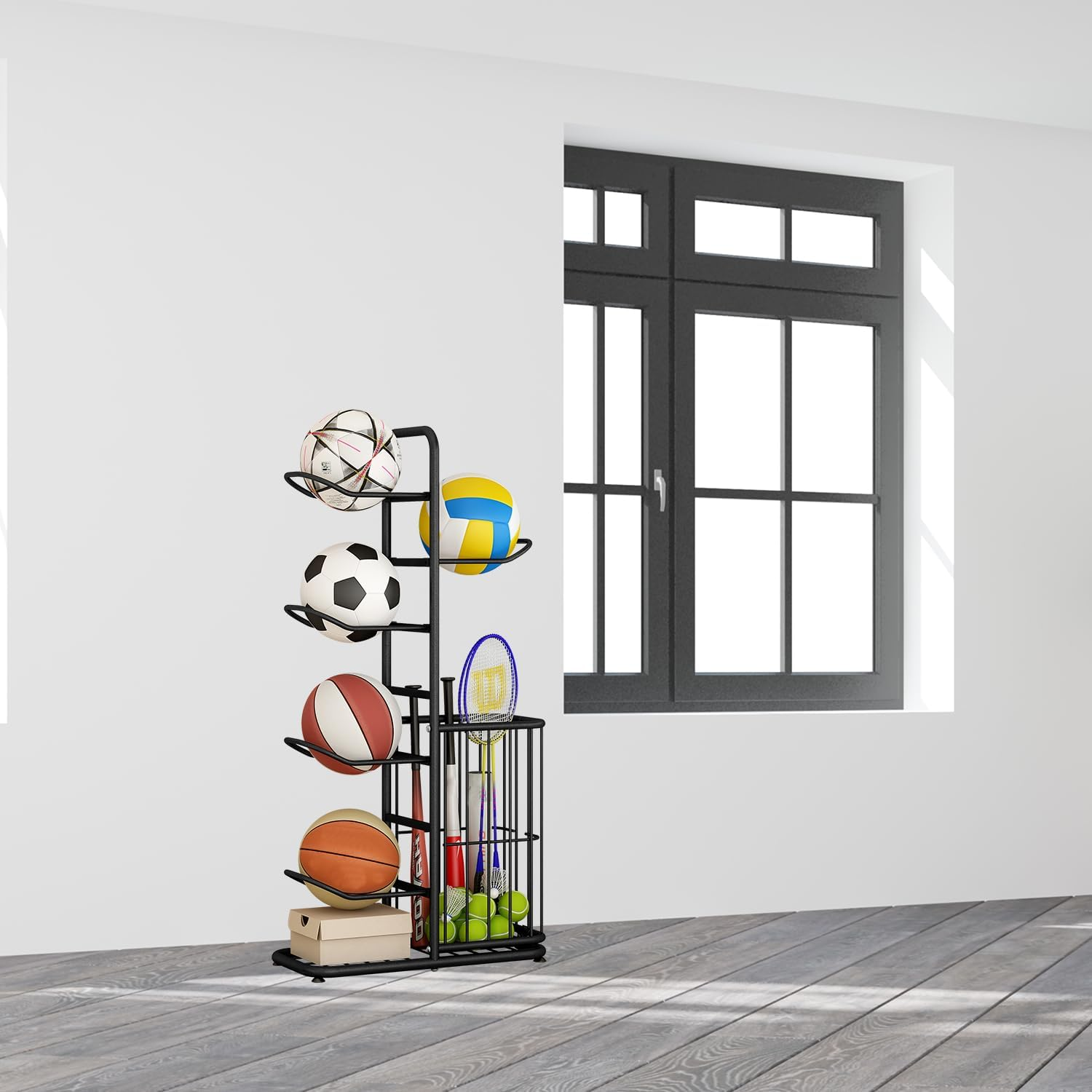 Ball Storage Rack, Football Stand, Ball Storage Garage, Ball Holder, Sports Equipment for Garage, Basketball Organizer Rack with Basket, Toy/Sports Gear Indoor image number 3