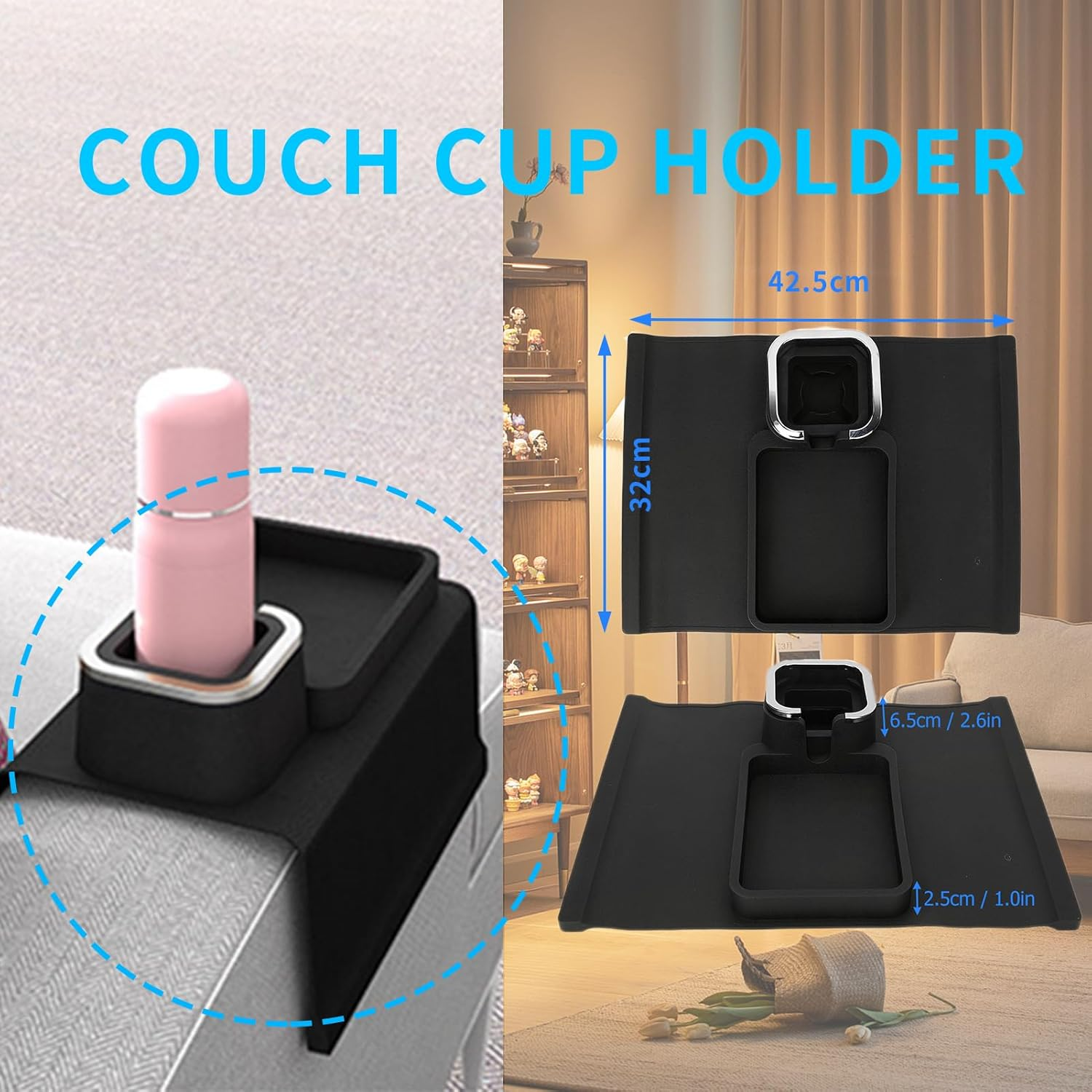 Couch Cup Holder, Silicone Couch Cup Holder and Sofa Armrest Tray, Couch Table Tray for Strong and Weighted Remote/Snacks/Cellphone/Earbuds, Mom, Dad, Grandma or Grandpa (Black) image number 4