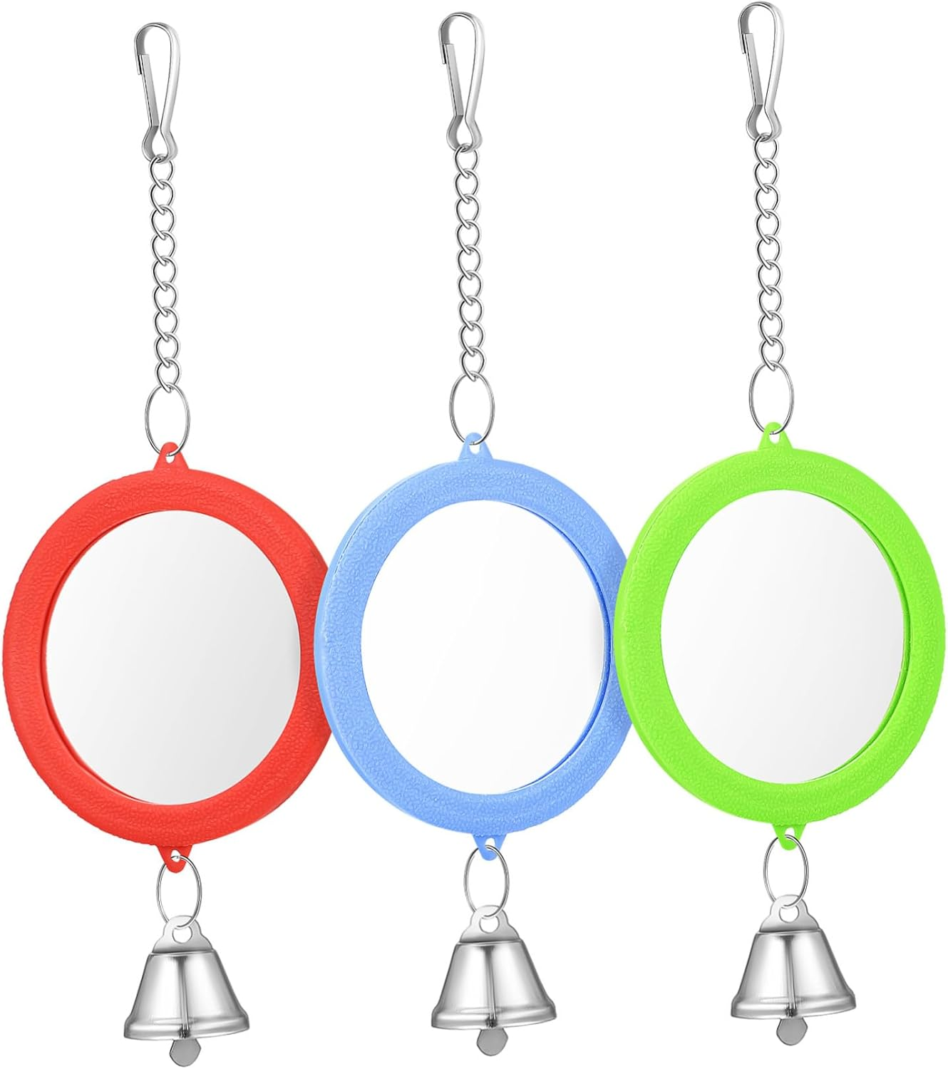 JOINPAYA 3 Pcs round Double-Side Bird Mirror Toys with Bells, Colorful Red Green Blue Pendants for Parrot, Cockatiel, Parakeet Cage Accessories image number 1