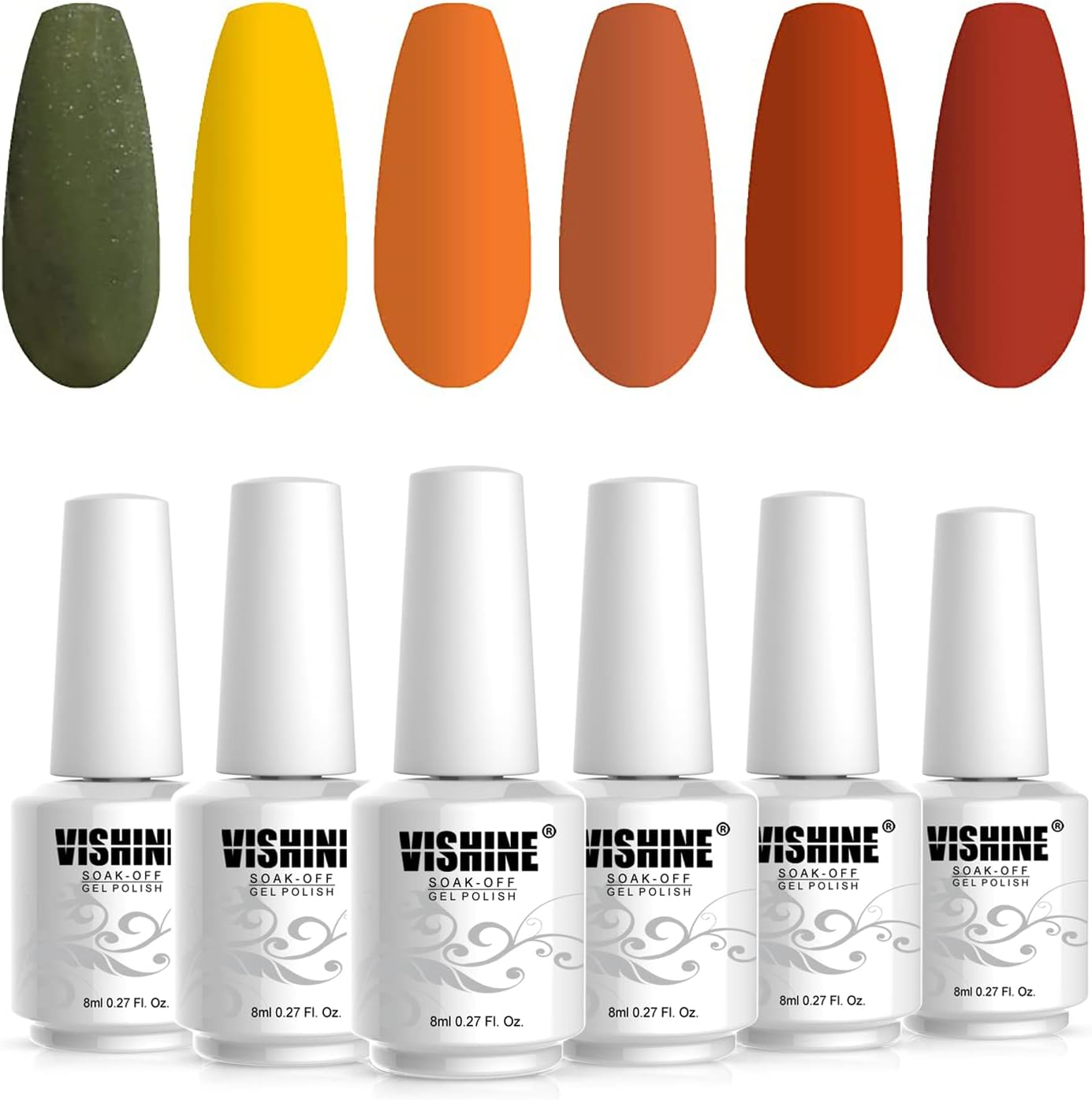 Vishine 6Pcs Gel Nail Polish Kit Fall Winter Orange Yellow Green Gel Nail Polish Set Colors Collection Soak off LED UV Gel Polish Nail Kit 8Ml image number 3