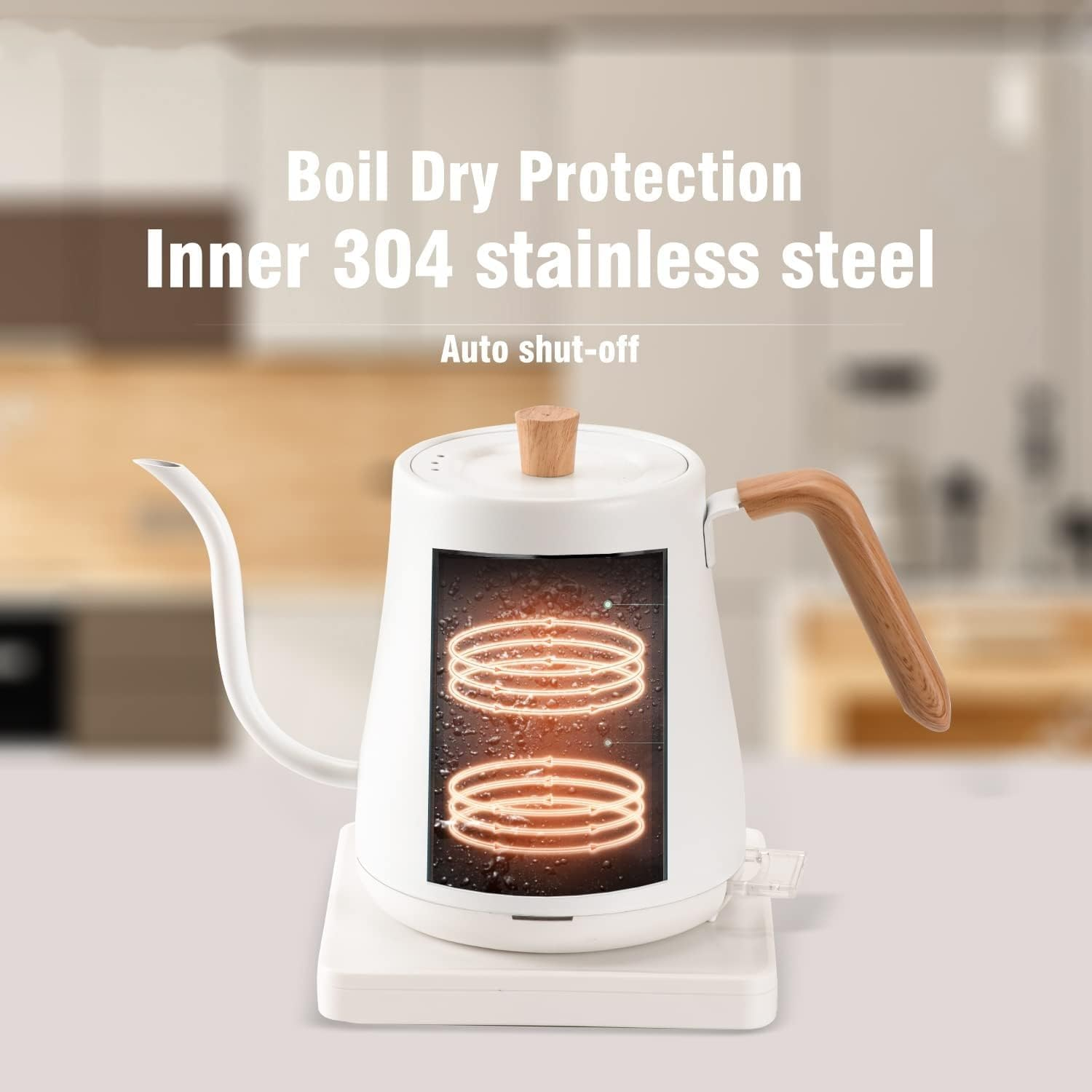 Gooseneck Electric Kettle 0.8L,304 Stainless Steel for Pour-Over Coffee & Tea, 1000W Rapid Heating, Leak-Proof Design, Auto Shutoff Anti-Dry Protection, Wood Handle (White)