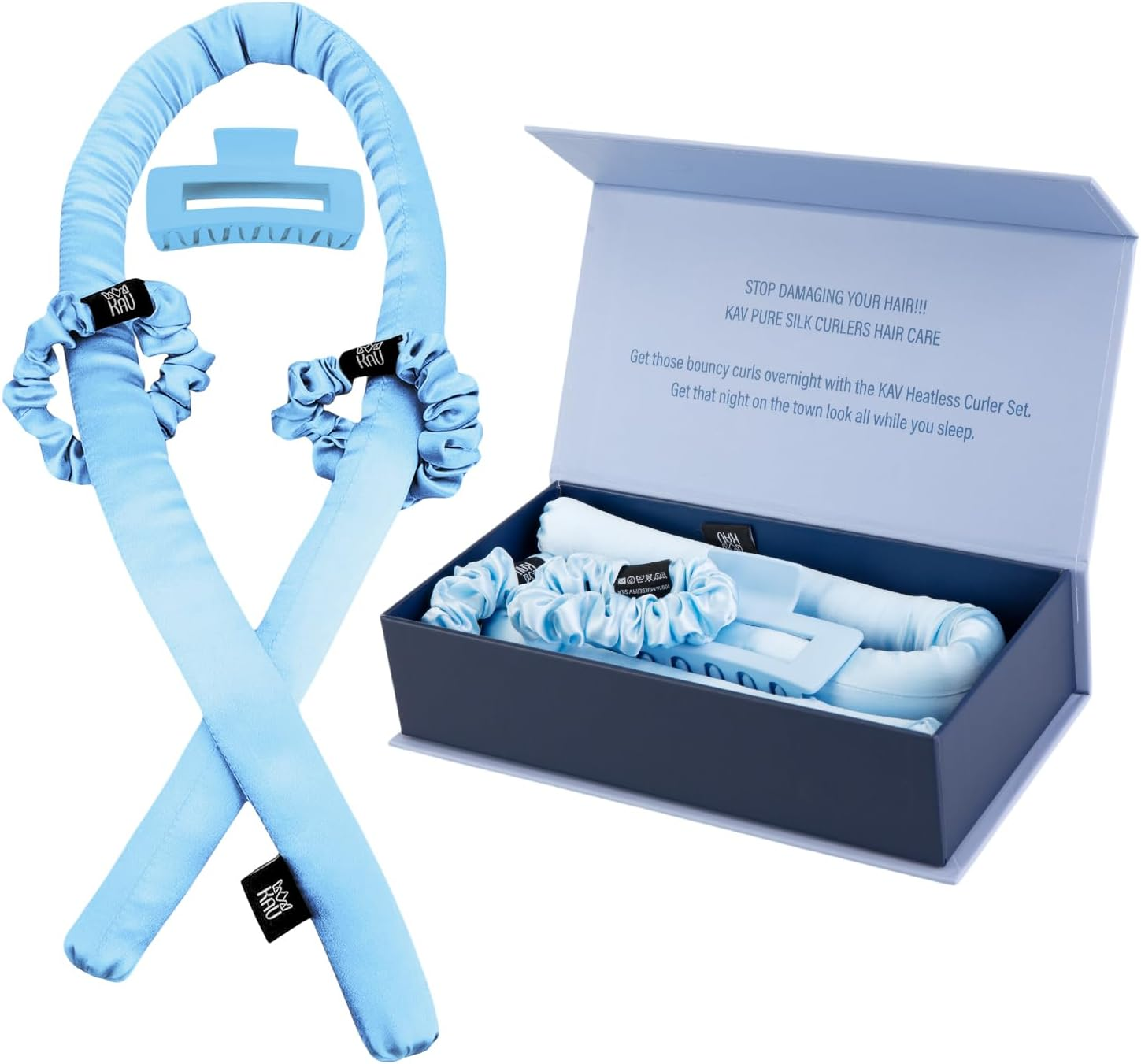 KAV Heatless Hair Curler, Mulberry Silk Overnight Hair Curl Set, No Heat Curling Rod Giftset, Premium Salon Quality Rollers to Sleep In, Heat Less Curls Set with Clip and Scrunchies