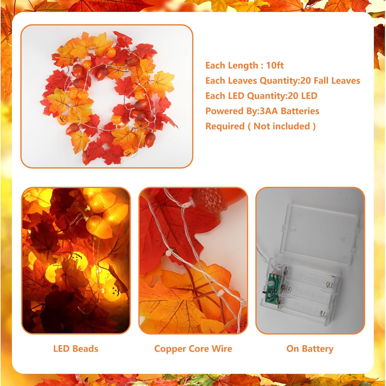 CYIOU Autumn Decoration Fairy Lights Halloween Decoration 3 M 20 LED Maple Leaf Acorns Pumpkin Fairy Lights Maple Leaves Garland Battery Operated for Halloween Autumn Thanksgiving Indoor Outdoor image number 2