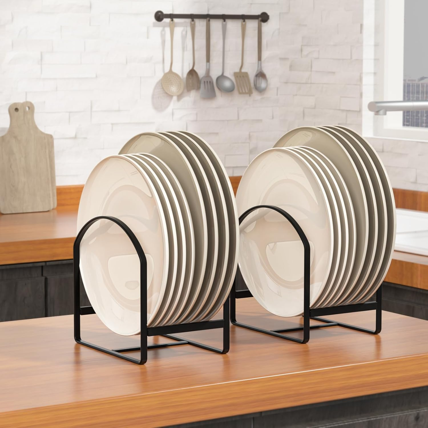 4 Pack Kitchen Plate Holder Organizer for Cabinet Space Saver Dinner Dish Plate Storage Rack Upright Dish Drying Racks Metal Dish Racks Stand for Cupboard and Countertop 2 Large 2 Small Black image number 2