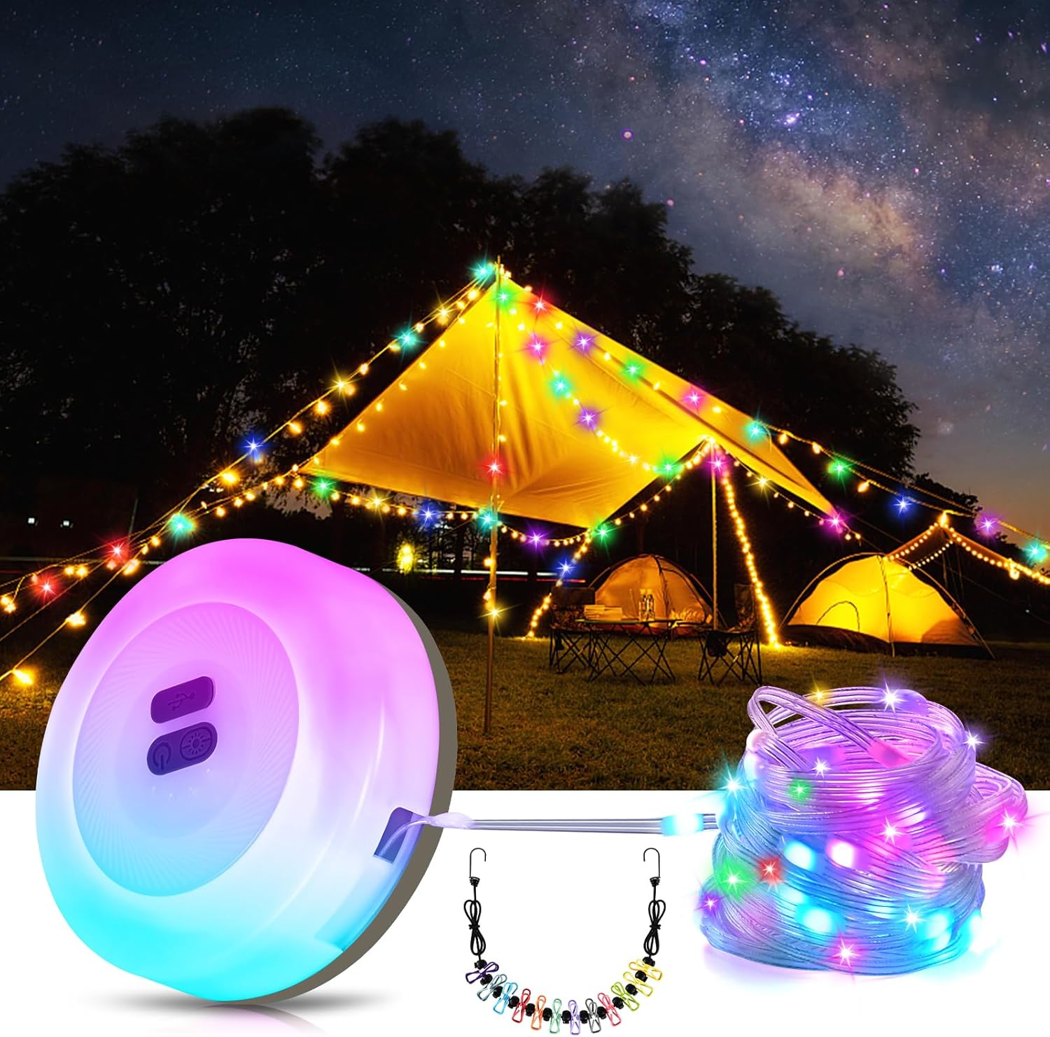 Camping String Lights,4 in 1 Rechargeable Outdoor Waterproof Camper String Lights Reel with 19 Lighting Modes,Usb Charging Camping Lights,Portable Stowable RGB Retractable for Yard - 8M image number 1