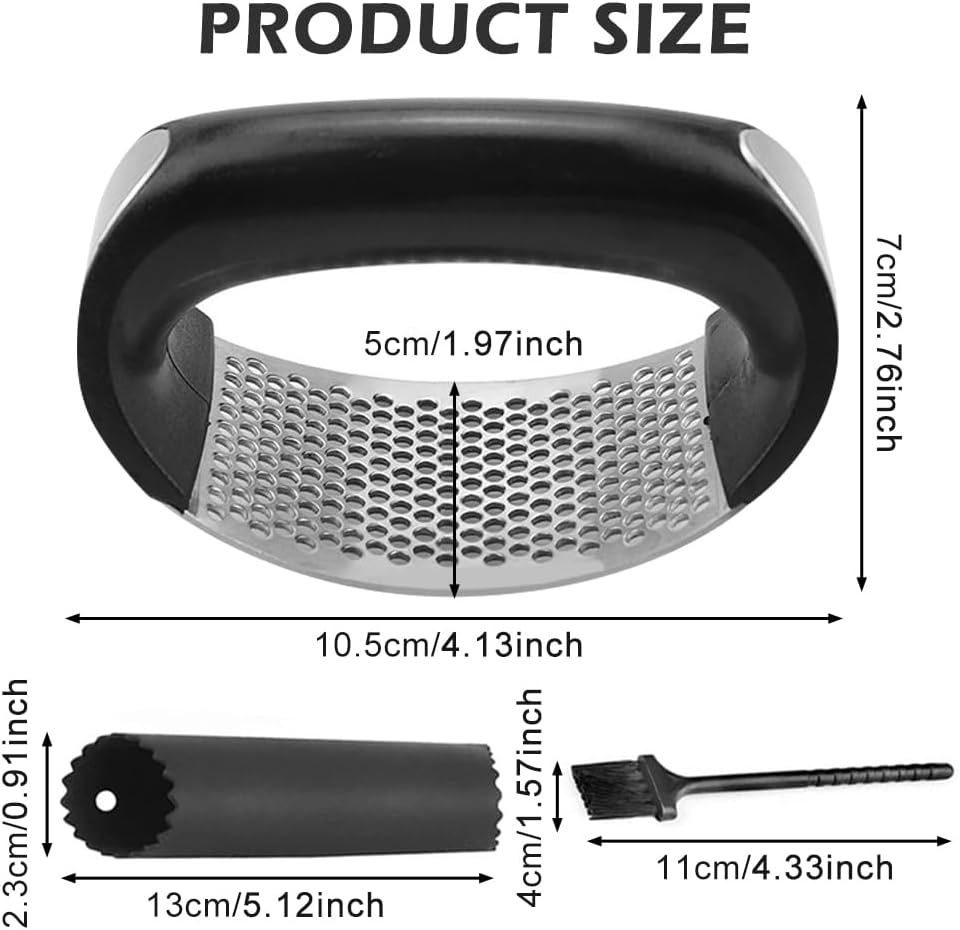 Garlic Press Rocker, Stainless Steel Garlic Masher and Garlic Crusher with Silicone Tube Set with Peeler and Cleaning Brush,Professional Kitchen Gadgets Garlic Chopper for Smashing Garlic image number 4