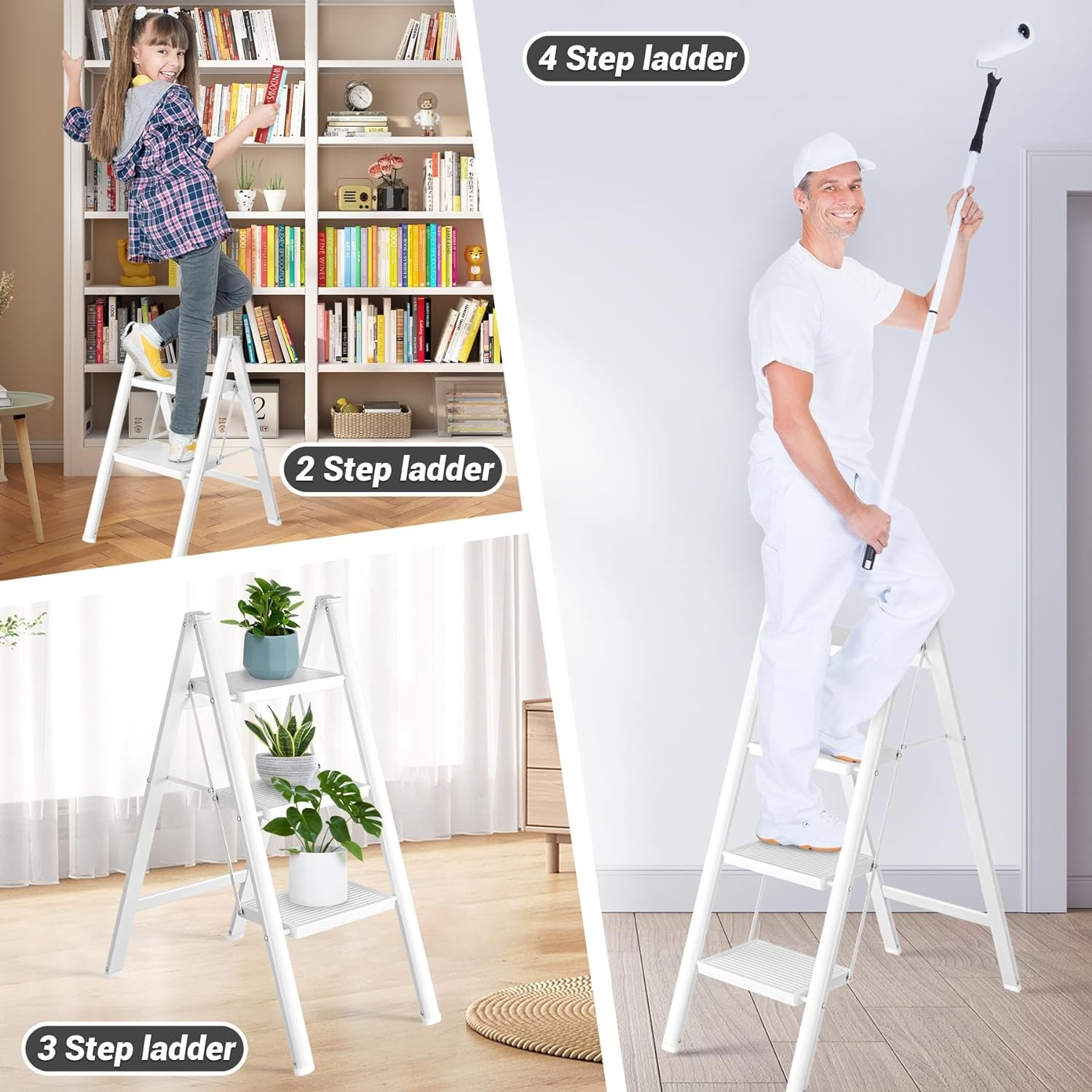 BREENHILL Step Ladder, Folding 3 Step Ladder Stool with Wider Anti-Slip Pedal, Portable Lightweight Ladder for Home Kitchen Office 150KG Max Loader image number 2