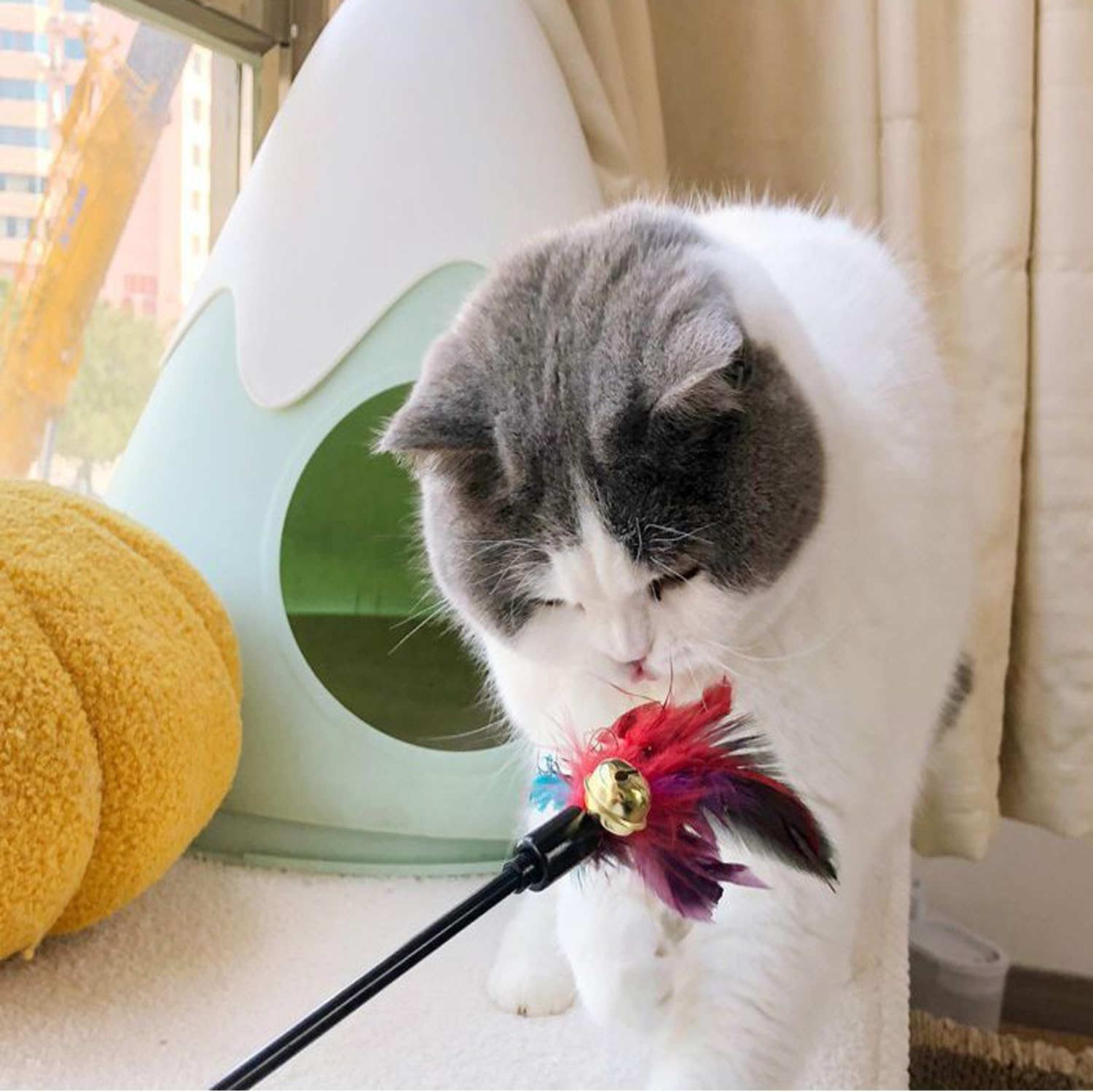 5 Pcs 20" Long Cat Feather Teaser Stick with Rattle Bell, Interactive Wand Toy for Cats and Kittens image number 3