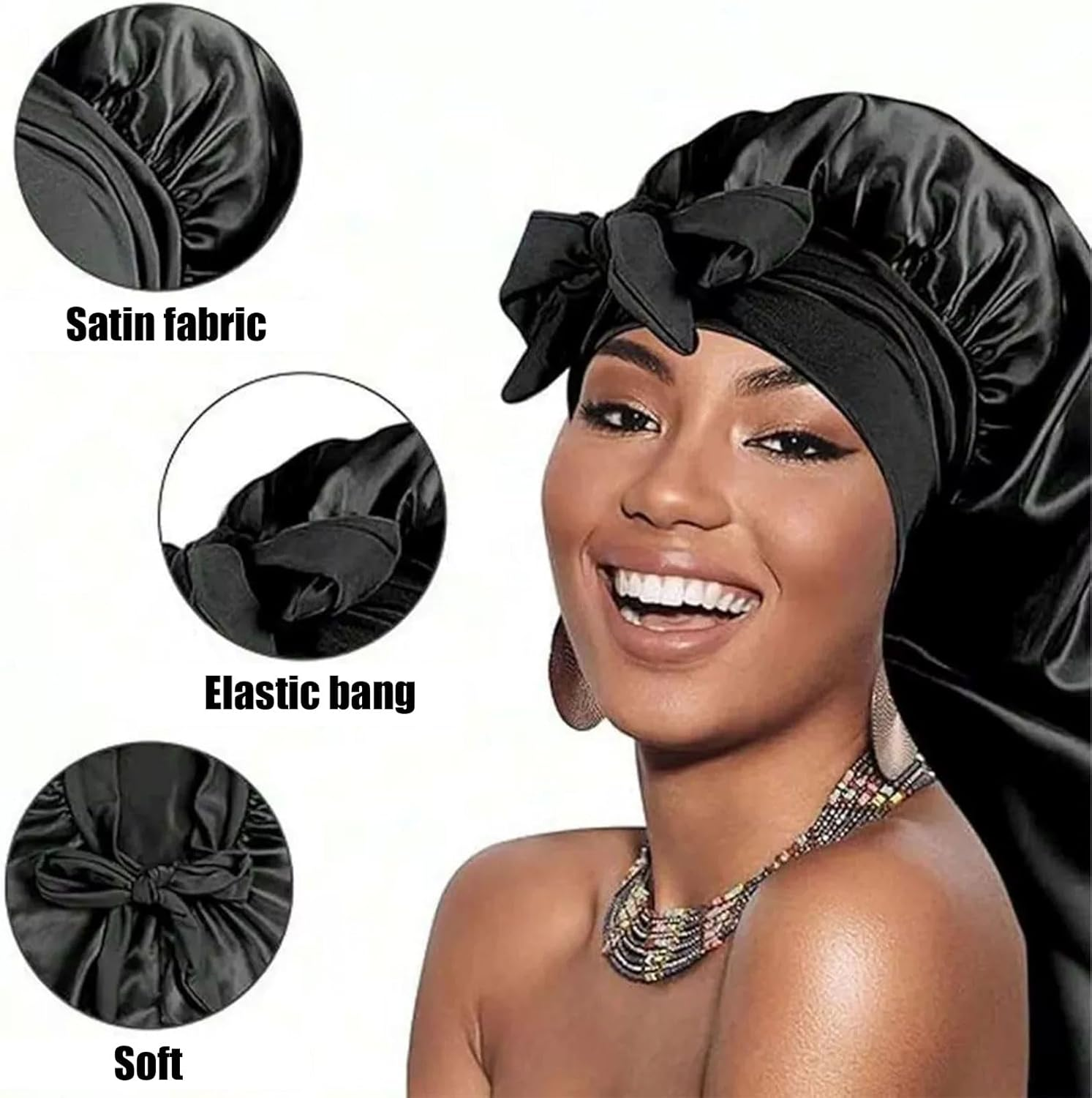 Xolixorium Braid Bonnet Extra Long - Satin Silk Bonnet for Sleeping with Tie Band, Foldable Hair Wrap for Braids & Natural Hair Sleep Cap (Black) image number 3