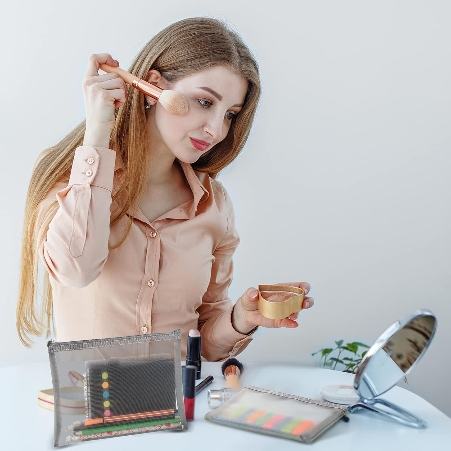 Boao 6 Pieces Mesh Makeup Bags Mesh Cosmetic Bag Portable Travel Organizing Zipper Pouch Toiletries Makeup Pouches for Home Office Travel Accessories(Gray) - Chic Colors image number 6