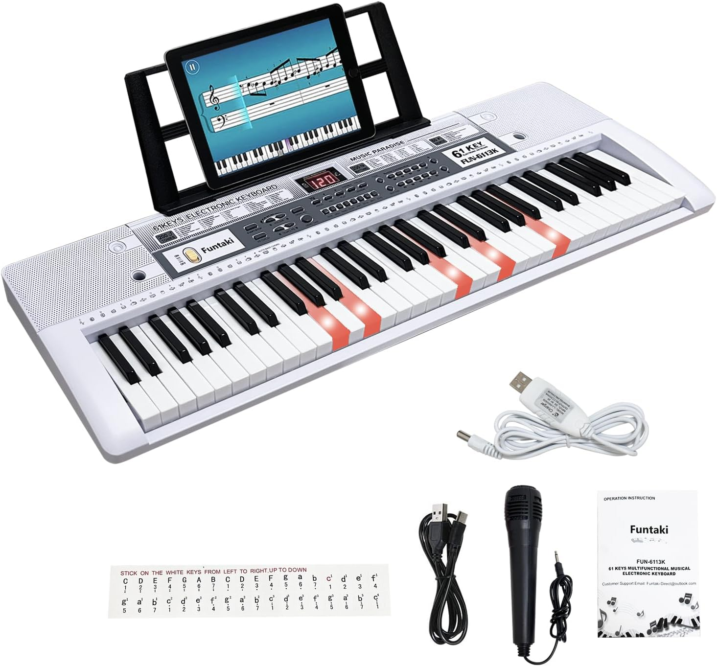 Funtaki 61 Key Electric Piano Keyboard with Lighted Keys, Digital Portable Synthesizer Keyboards with Stand, Mini Music Keyboard Pianos for Beginners Kids Adults, White