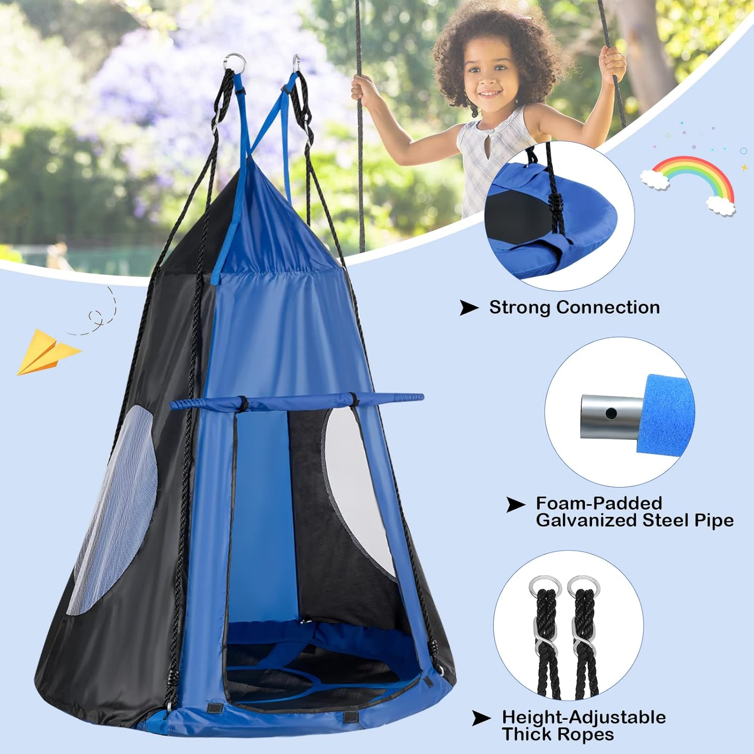 HONEY JOY 100CM Kids Detachable Hanging Chair Swing Tent, 2 in 1 Hammock Nest Pod Hanging Swing Seat, Children Outdoor Indoor Swing Play Tent for Backyard Tree, Max Capacity 150KG (Blue) image number 1
