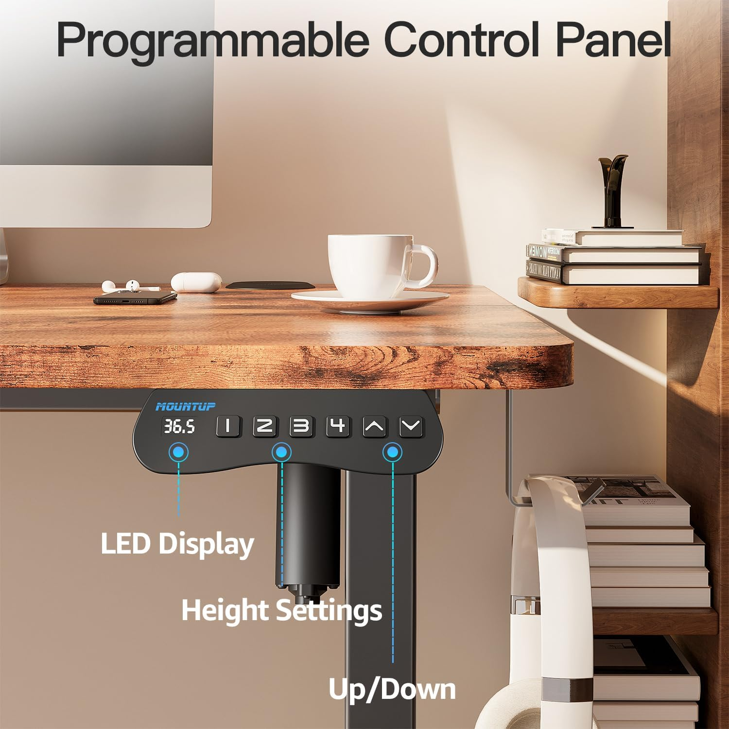 MOUNTUP Electric Standing Desk 140X60Cm (55X24) Height Adjustable, Sit Stand Desk with Memory Controller, Ergonomic Stand up Table for Home Office with Splice Board, Rustic Brown