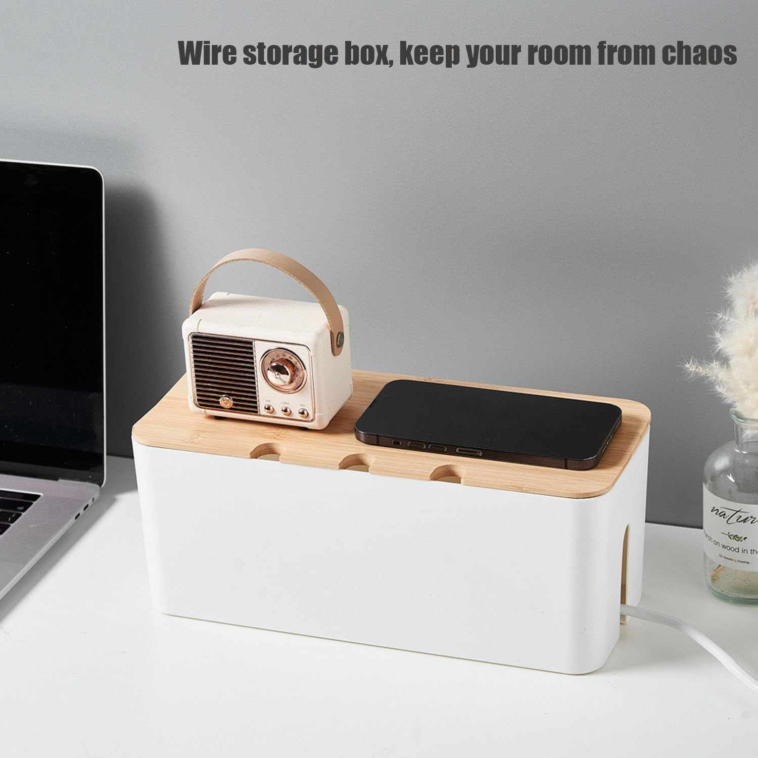 Cable Management Box with Bamboo Lid, Wires Keeper Holder, Small Cord Hider Box Cord Organizer Boxs, Power Strip Box for Desk TV Computer USB Hub System to Cover and Hide to Conceal Surge Protector