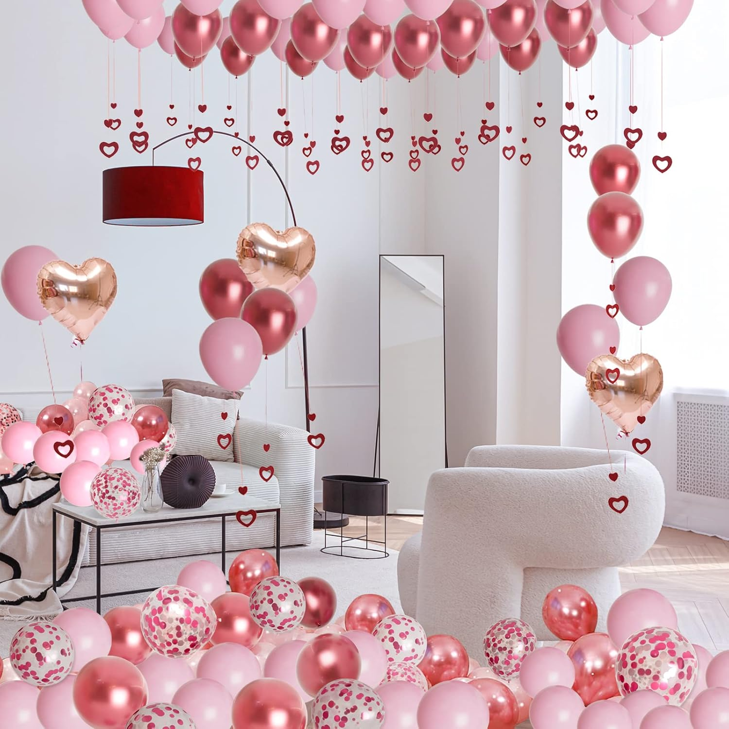 Bonropin Valentines Day Balloons Kit Rose Gold Pink Heart Balloons with Rose Petals I Love You Balloons for Anniversary Mothers Day Wedding Romantic Decorations Special Night image number 1