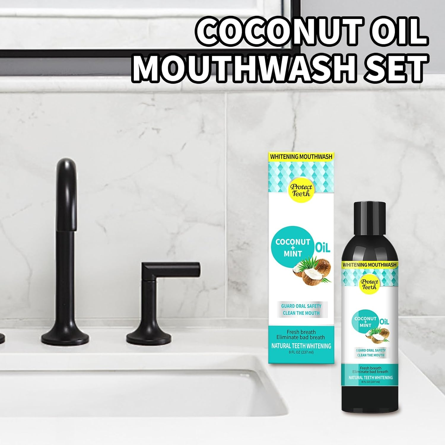 YSHIGUING 237Ml Coconut Mint Oil Pulling Mouthwash with Tongue Scraper - Natural Pulling Oil for Oral Care, Healthy Gums,Fresh Breath & Teeth Whitening