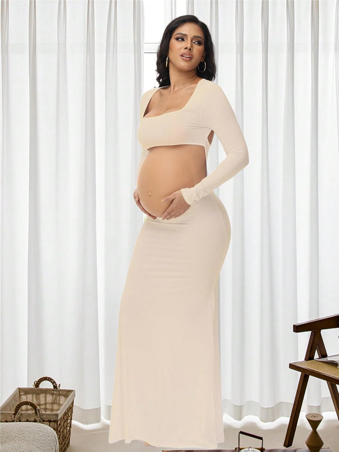 Justvh Maternity Dress for Photoshoot Solid Cut Out Backless Long Sleeve Maxi Photography Pregnancy Dress for Women image number 2