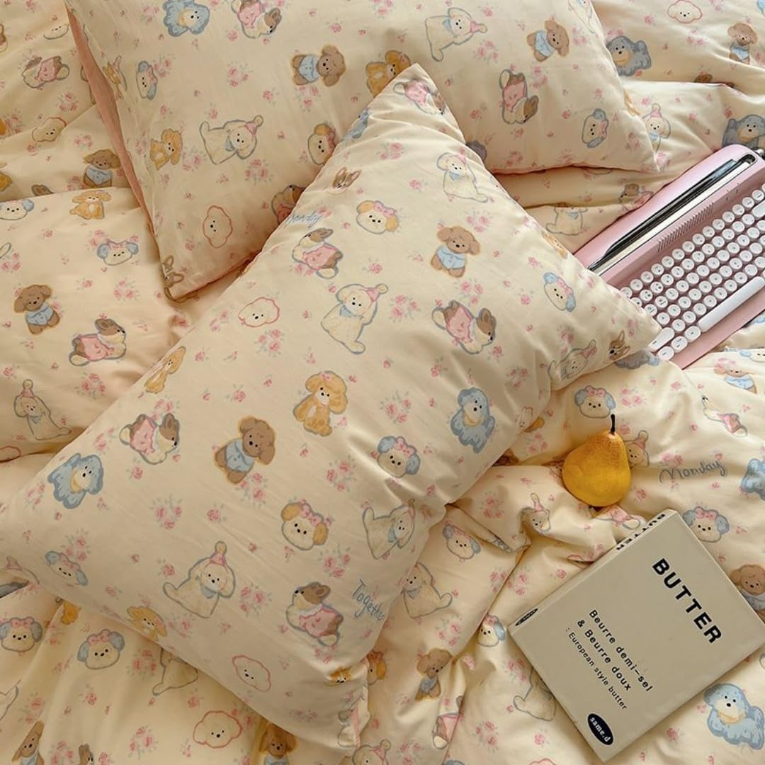 3 Pcs Girls Dogs Comforter Cover Set Bed Set Yellow Cute Cartoon Pet Puppy Bedding Set for Kids Boys Teens (1 Comforter Cover, 2 Pillow Sham) (Yellow, Full) image number 1