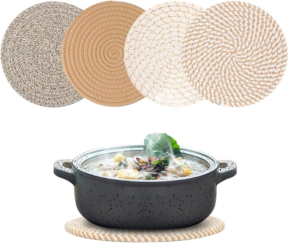 Chamgeco 10-Inch Woven Table Mats Placemats Trivets, 4PCS Heat-Resistant Cotton Braided Pot Holders Non-Slip Hot Pads for Hot Dishes Pans, Kitchen Countertops,Tables, Home Kitchen Essentials(Color 2)