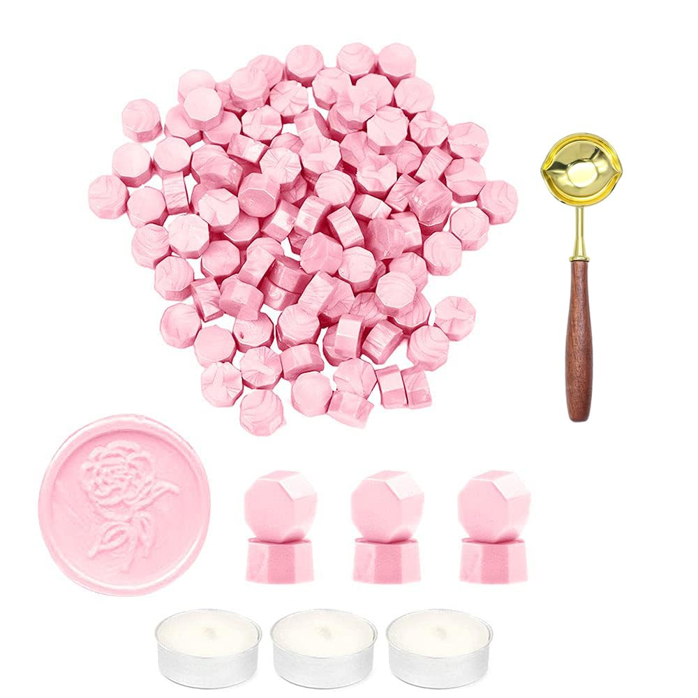 400 PCS Sealing Wax Beads for Stamp,Wax Seal Kit with 3 Tea Candles and 1 Melting Spoon,Antique Decor,Octagon Wax Pellets,For Wine Packages,Wedding Invitations,Envelope (Crown Gold)