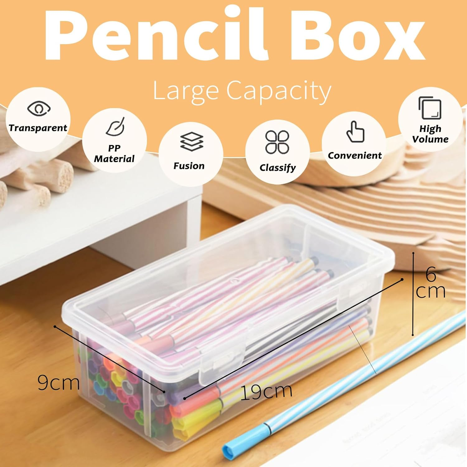 6 Pcs Plastic Large Capacity Pencil Box, Storage Organizer Container with Latching Lid - See-Through for Easy Organisation, for Bead Pens Ribbon Washi Tape Stickers Yarn Decorations image number 5