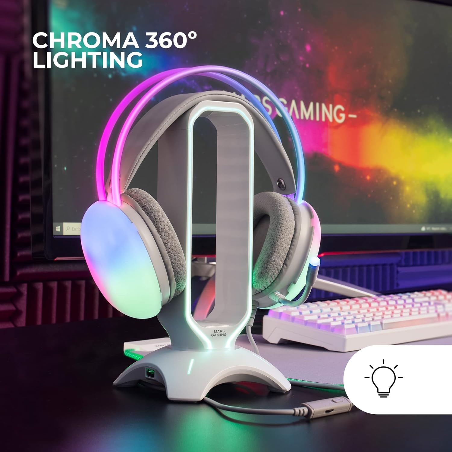 MARSGAMING Mars Gaming Mh-Glow White, 360&deg; Full Chroma RGB Flow Headphones, Microphone Noise Cancellation, Ultralight Design, Memporary Foam Ear Pads, Universal Compatibility image number 3
