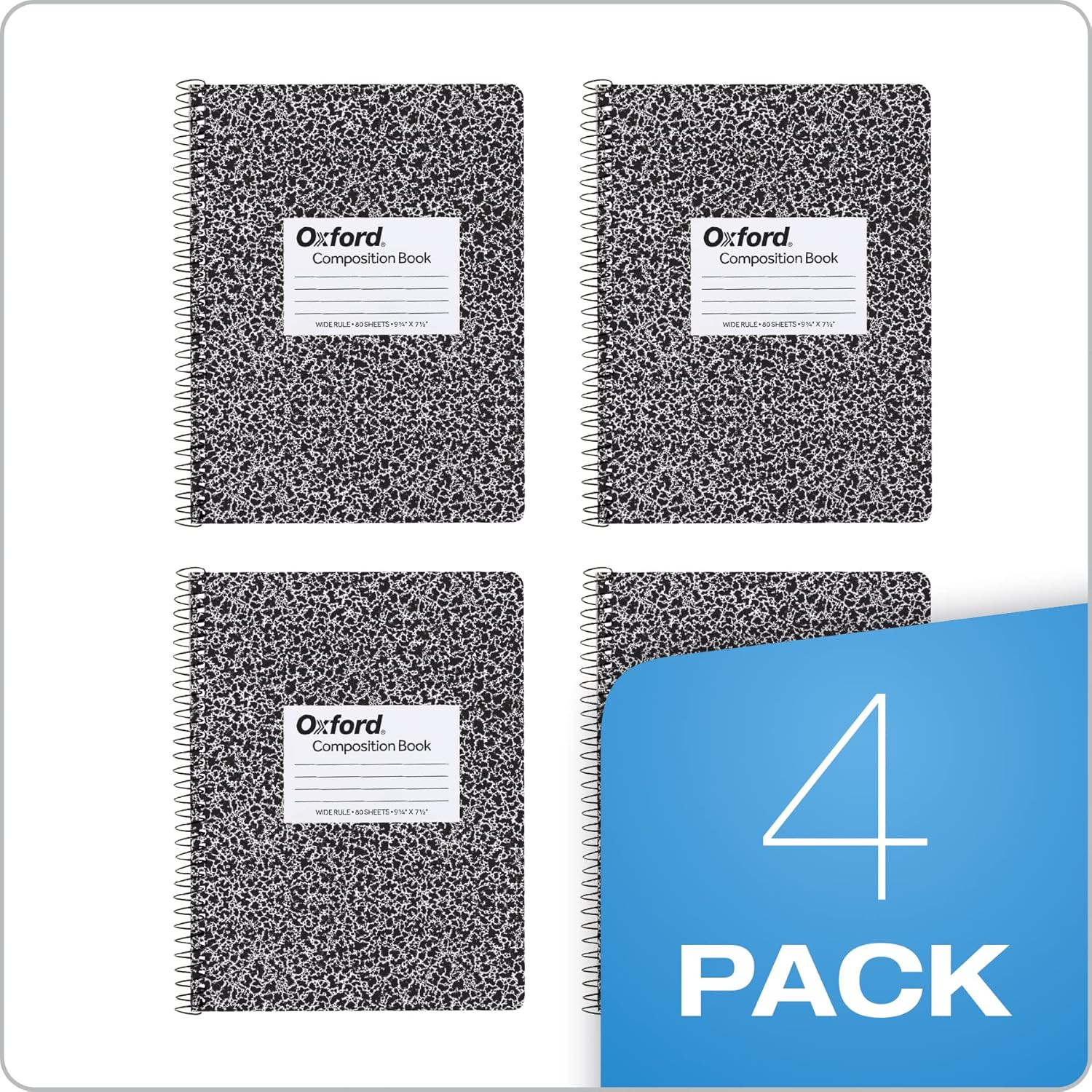Oxford Spiral Composition Notebooks, 4 Pack, Wide Ruled Paper, 9-3/4 X 7-1/2 Inches, 80 Sheets, Black Marble Cover (64950)