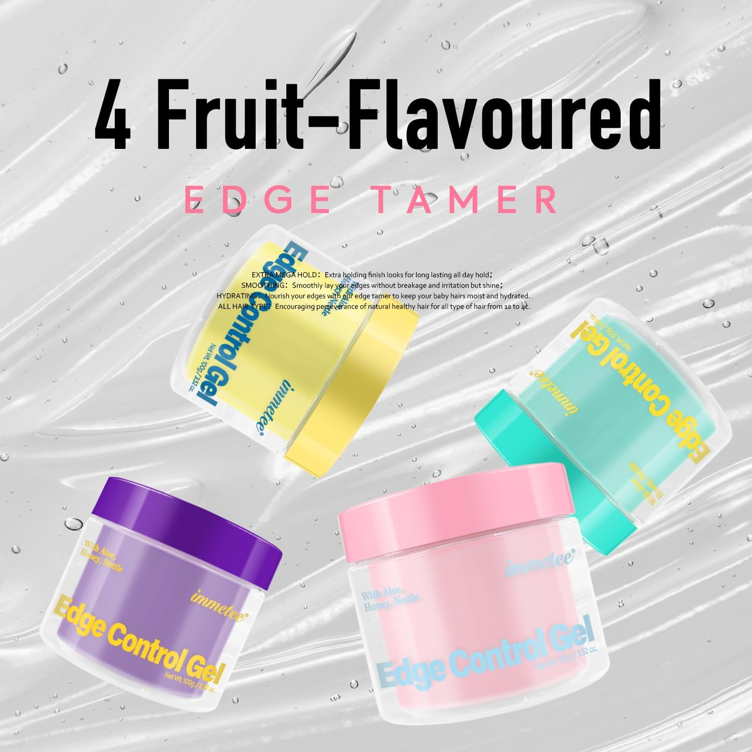 Immetee Edge Control Gel with Brush, Hair Styling Gel Flyaway Hair Tamer, Edge Control Gel for Afro Hair,100G/3.52 Oz (Pink-Watermelon)