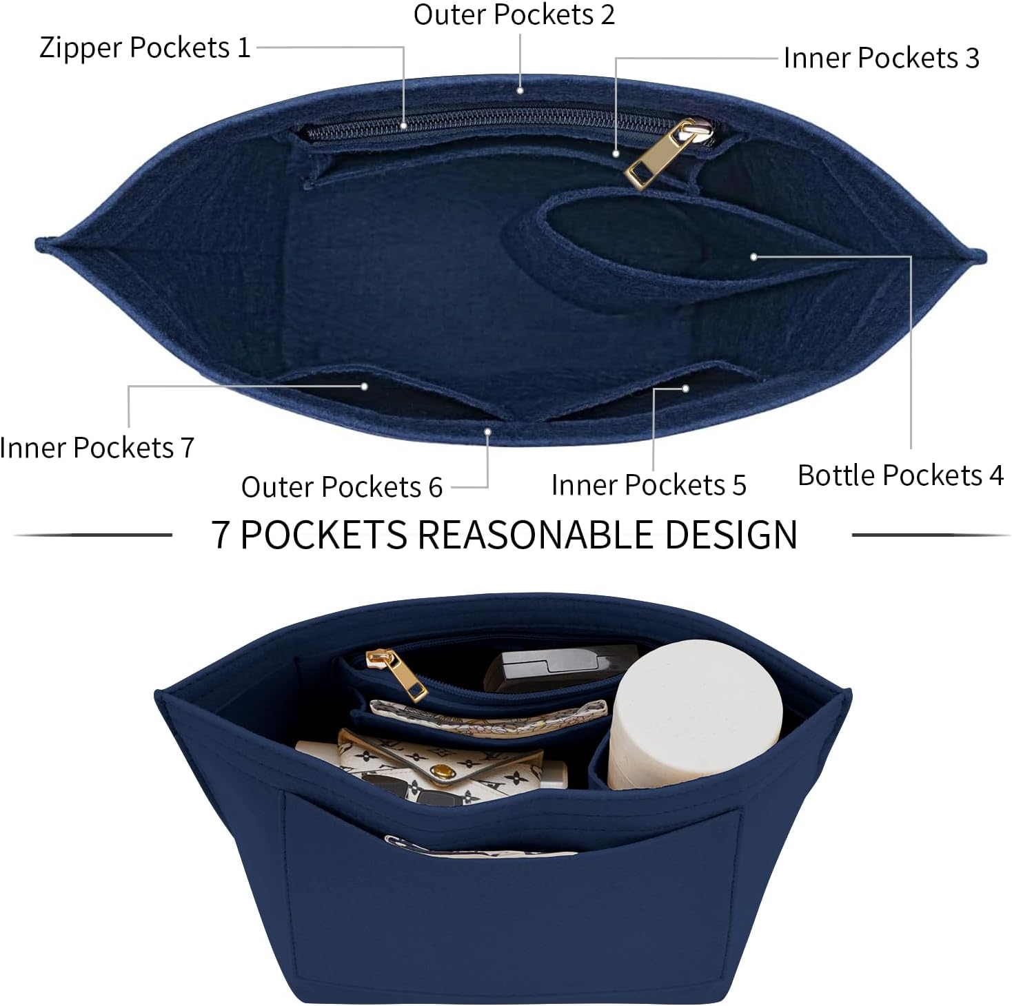 Felt Purse Organiser Insert for Longchamp Le Pliage (Dark Blue, M) image number 4