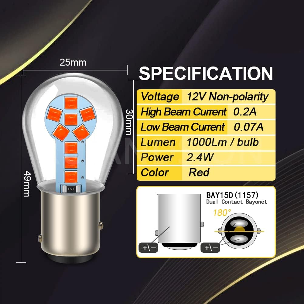 Ruiandsion 2Pcs 1157 BAY15D LED Bulb Red 2057 7508 12V Replacement for Car Brake Rear Stop Tail Lights,Non-Polarity image number 5