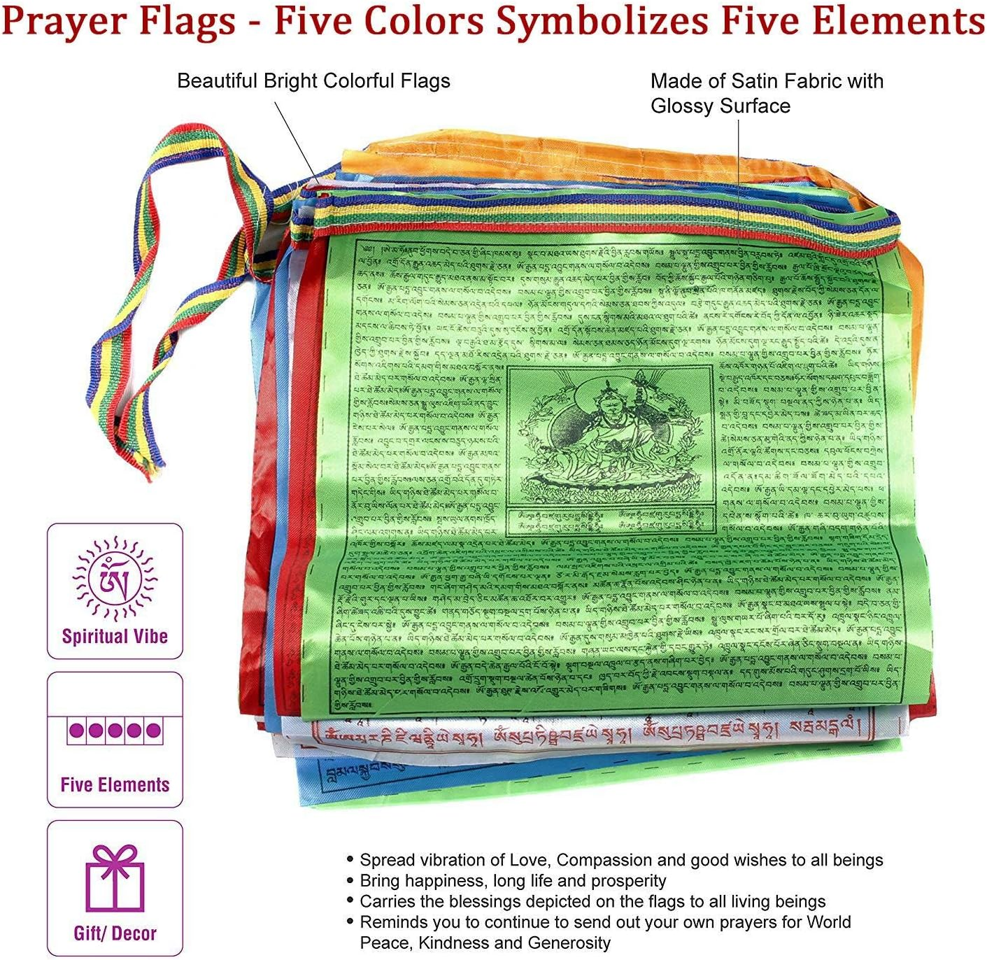 KRISMYA Tibetan Tranquil Prayer Flags-Pack of 100 (10In X 9In) Indoor Outdoor Satin Affirmation Windhorse Prayer Flags image number 4