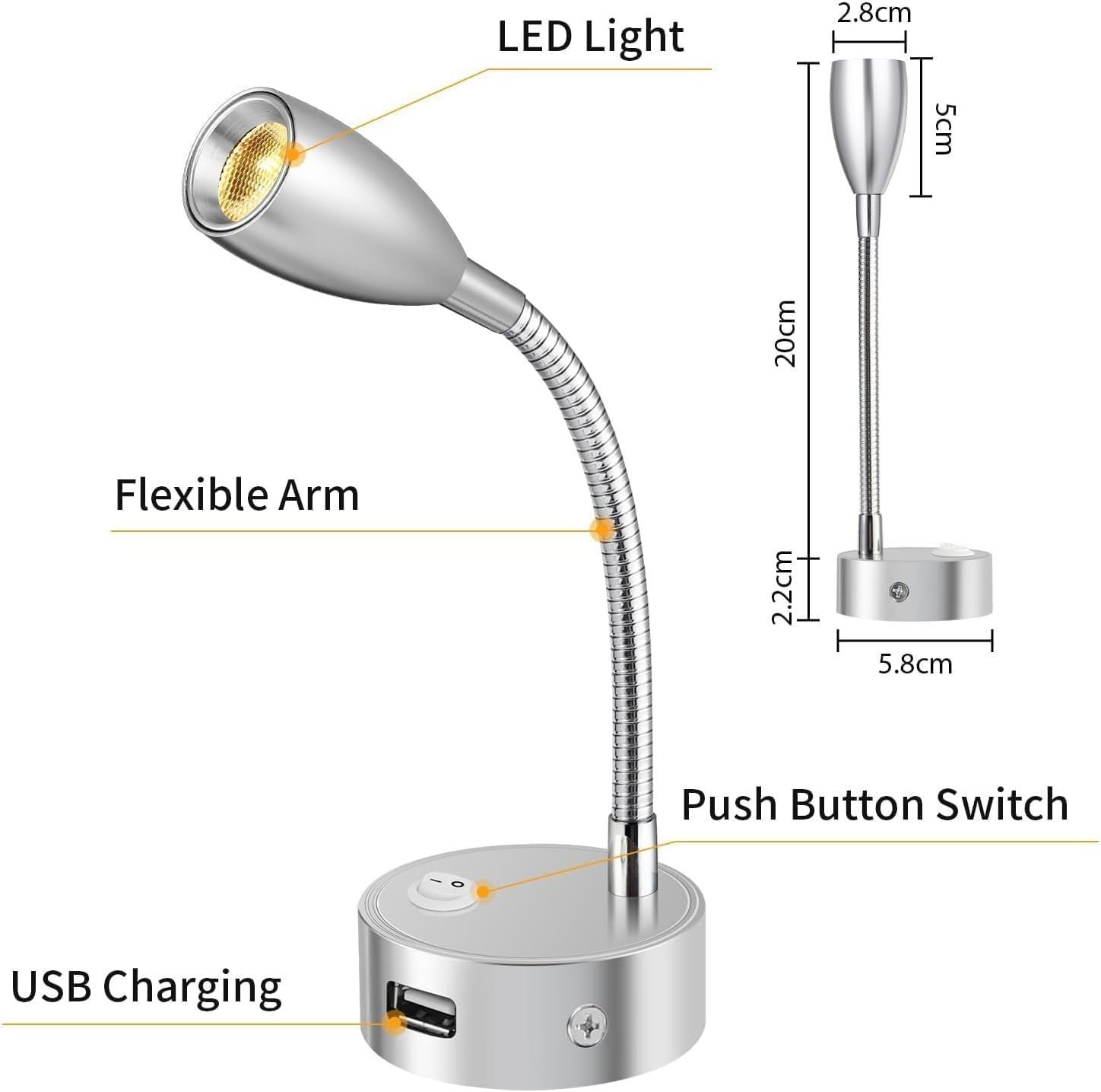 ERWEY 2 LED Reading Lamps, 12 V Motorhome, 3 W, 3000 K Wall Light, Bed Lamp with Flexible Gooseneck and USB Charging Port, DC12-24 V Spot for Boat, Yacht, Car, Van, Caravan, Interior Lighting, Silver image number 2