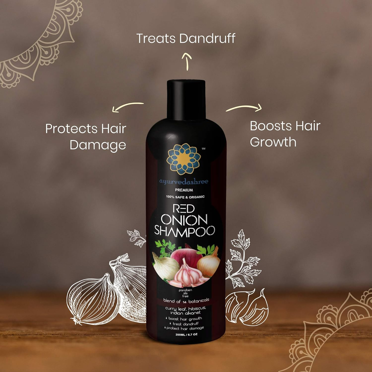 AYURVEDASHREE Red Onion Hair Growth & Hair Fall Control Shampoo &ndash; with Curry Leaf Hibiscus Indian Alanket Blend of 14 Botanicals 200Ml Sls and Paraben Free 100% Safe & Organic All Hair Type image number 4