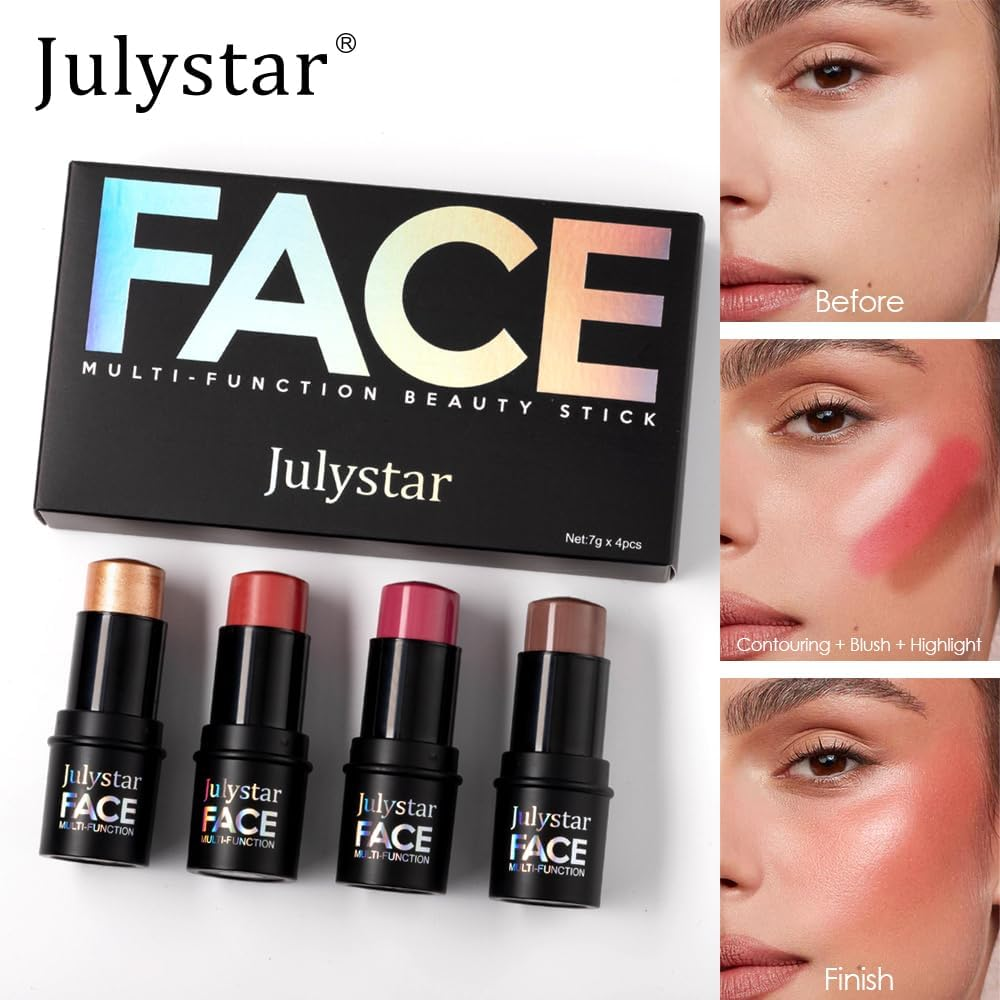 Face Sticks with Highlighter, Bronzer & Blush, Non-Greasy, Long-Lasting, Waterproof, Matte & Dewy Finish for Sculpting Cheeks(4Pack) image number 1