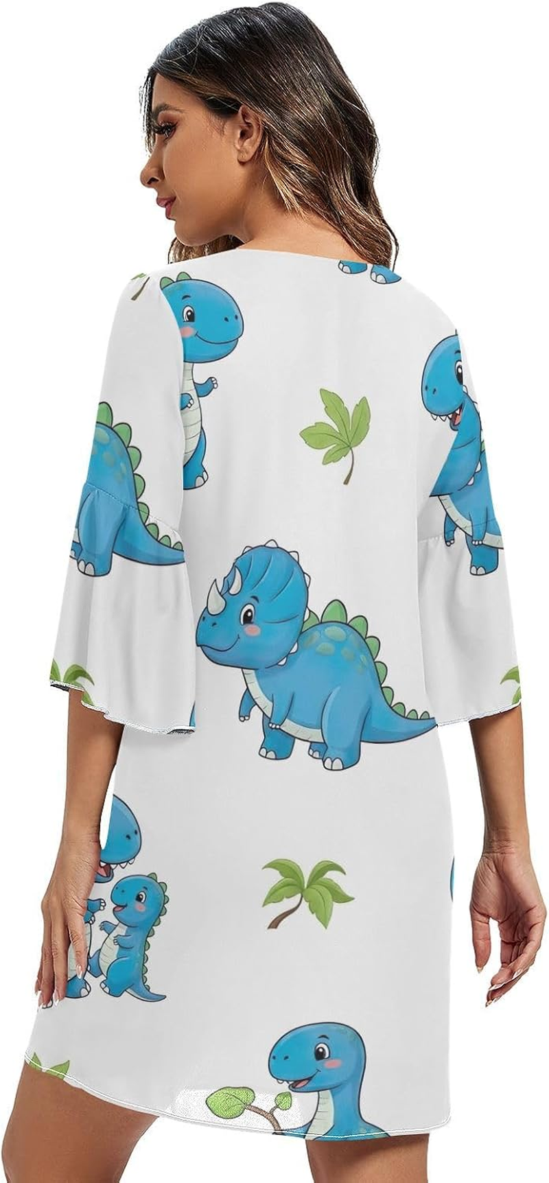Cute Blue Cartoon Dinosaurs Chiffon Dress Printed Maternity Dress Party image number 2