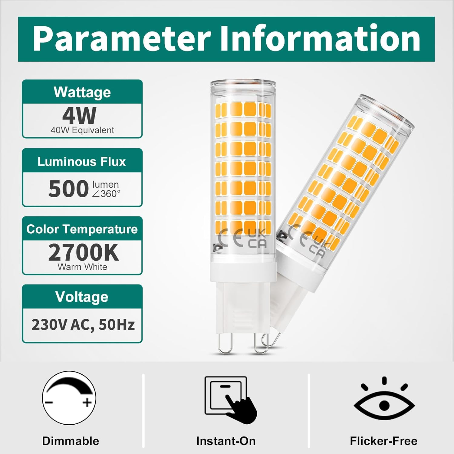 Dicuno G9 Dimmable LED Light Bulbs, 4W (40W Halogen Equivalent), 500Lm, Warm White (2700K), G9 Ceramic Bulbs for Home Lighting, 6-Pack