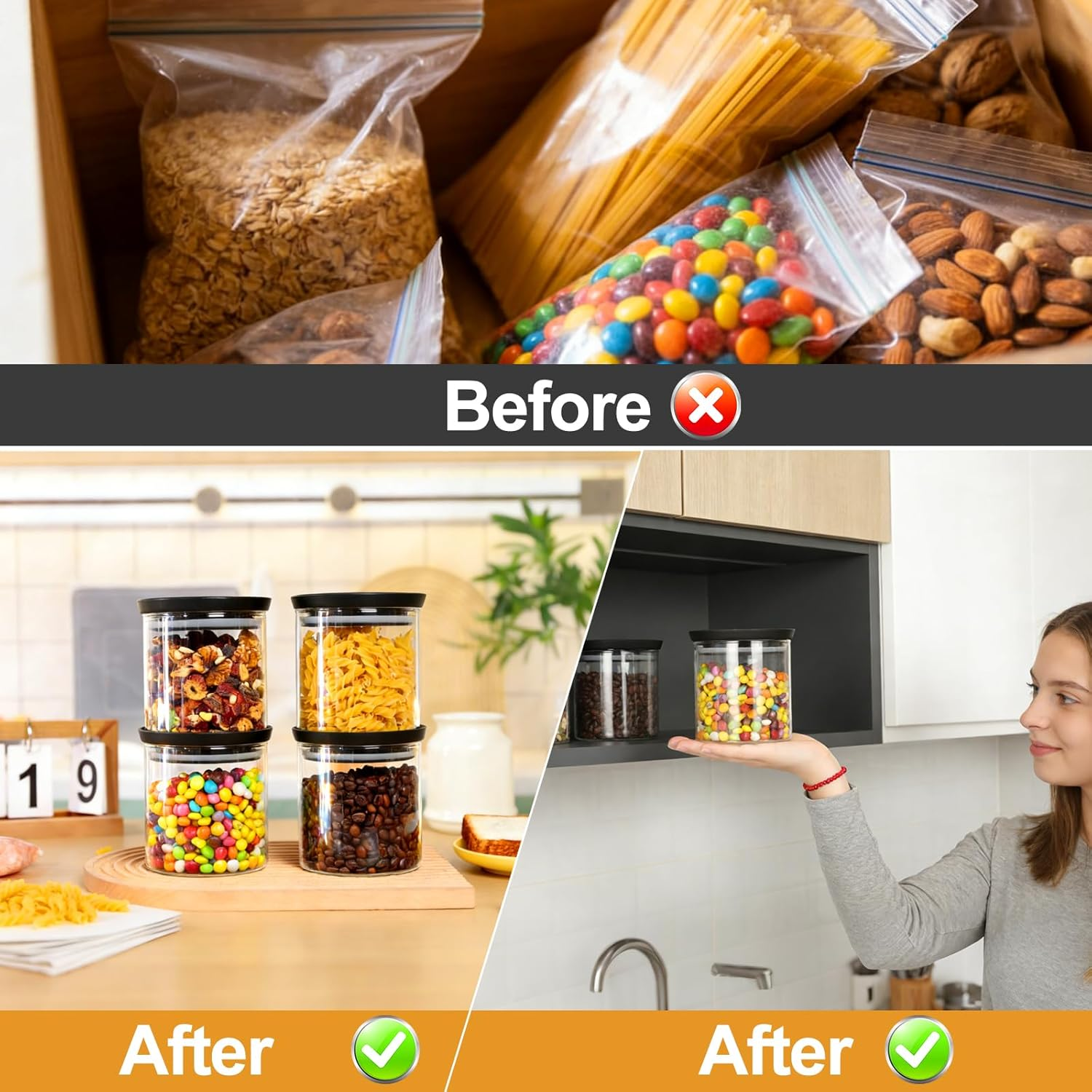 Romon Glass Containers with Lid, Set of 4 Storage Jars Made of Borosilicate Glass, Airtight Storage Jars, Stackable, Transparent for Kitchen, Flour, Coffee and Salt, 600 Ml, Round image number 4