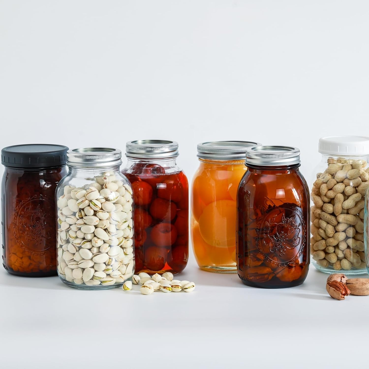 YOZOTI Glass Mason Jars, 6 Pack 32 Oz Wide Mouth with Lids and Bands, 6 White Plastic Lids, Clear Glass image number 3