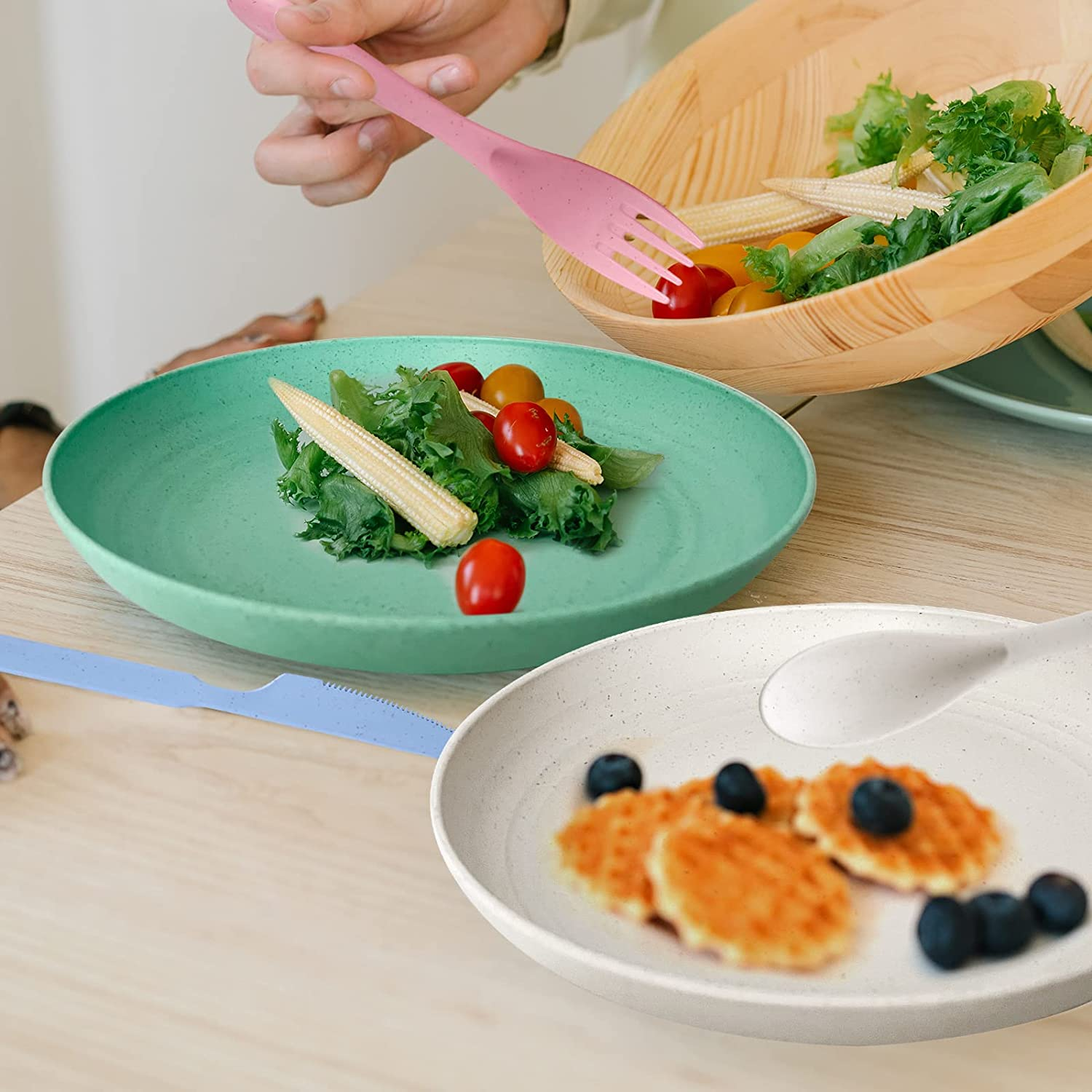 Wheat Straw Dinnerware Sets for 4 - Lightweight & Unbreakable Dishes - Microwave & Dishwasher Safe - Perfect for Camping, Picnic, RV, Dorm - Plates, Cups and Bowls - Great for Kids & Adults Brittany image number 6